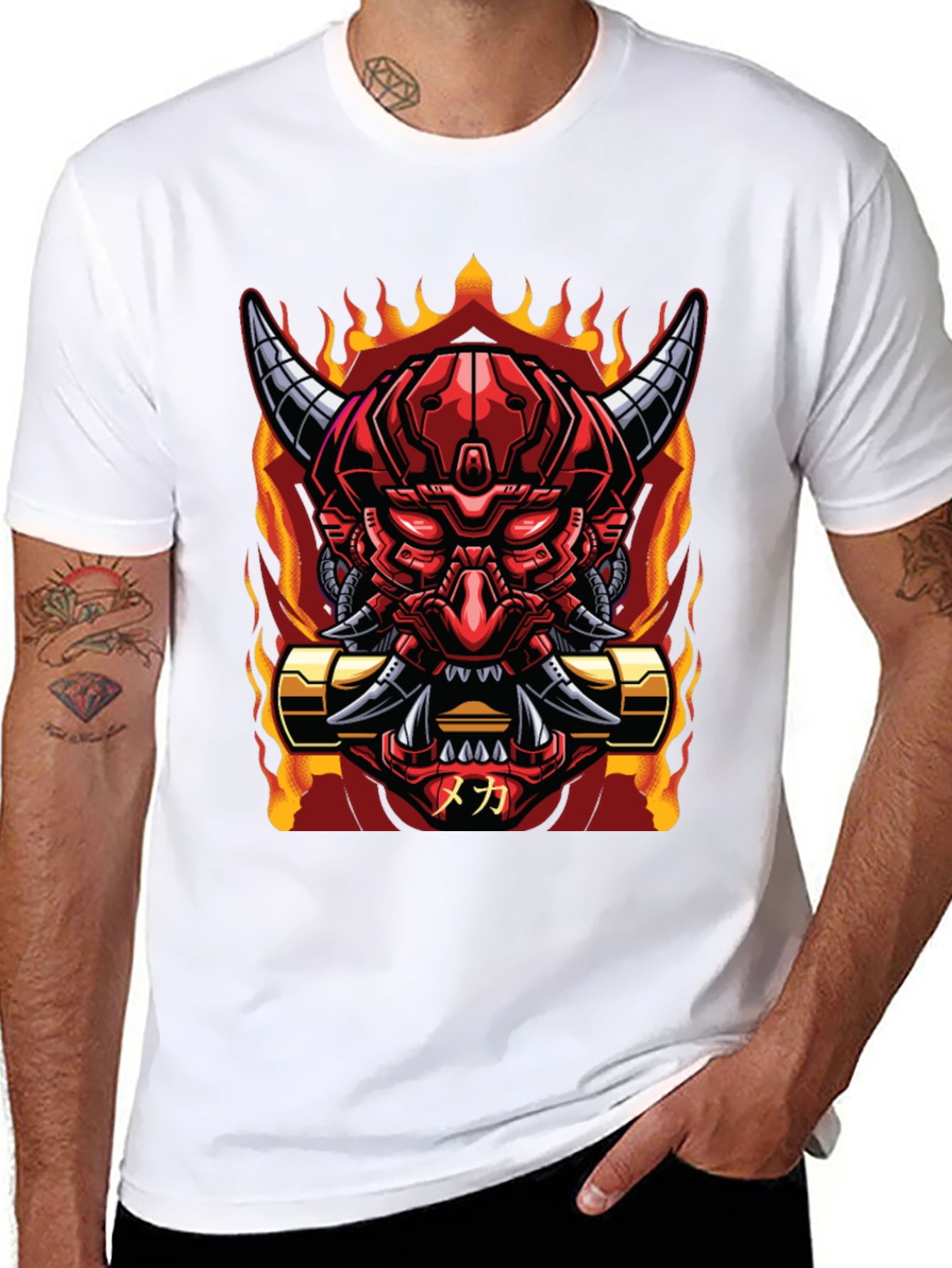 Cyberpunk Oni Demon T-Shirt - Fiery Mech Style