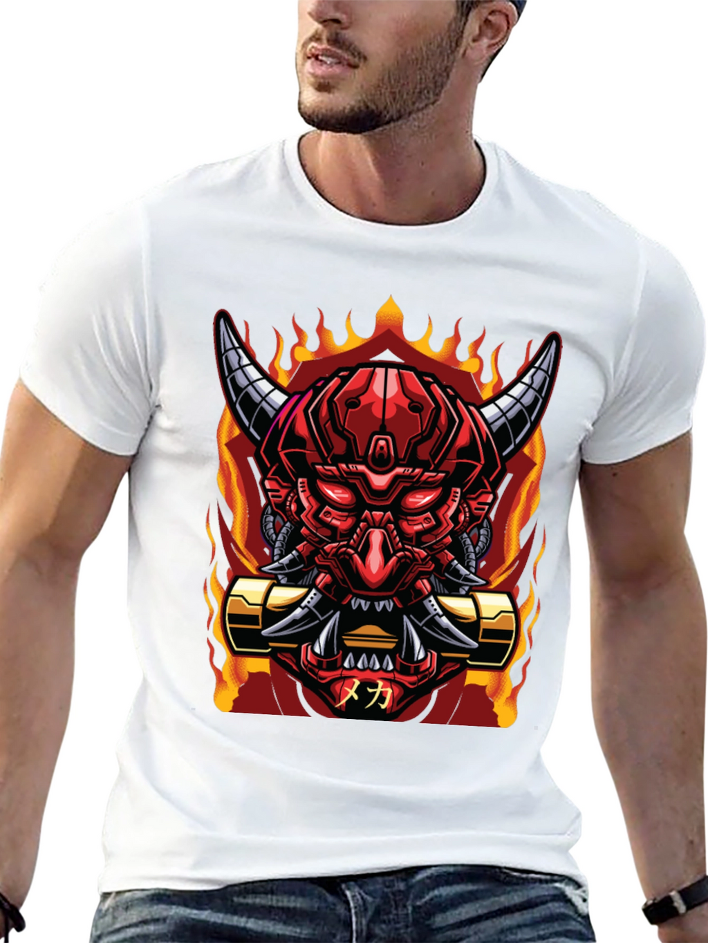 Cyberpunk Oni Demon T-Shirt - Fiery Mech Style