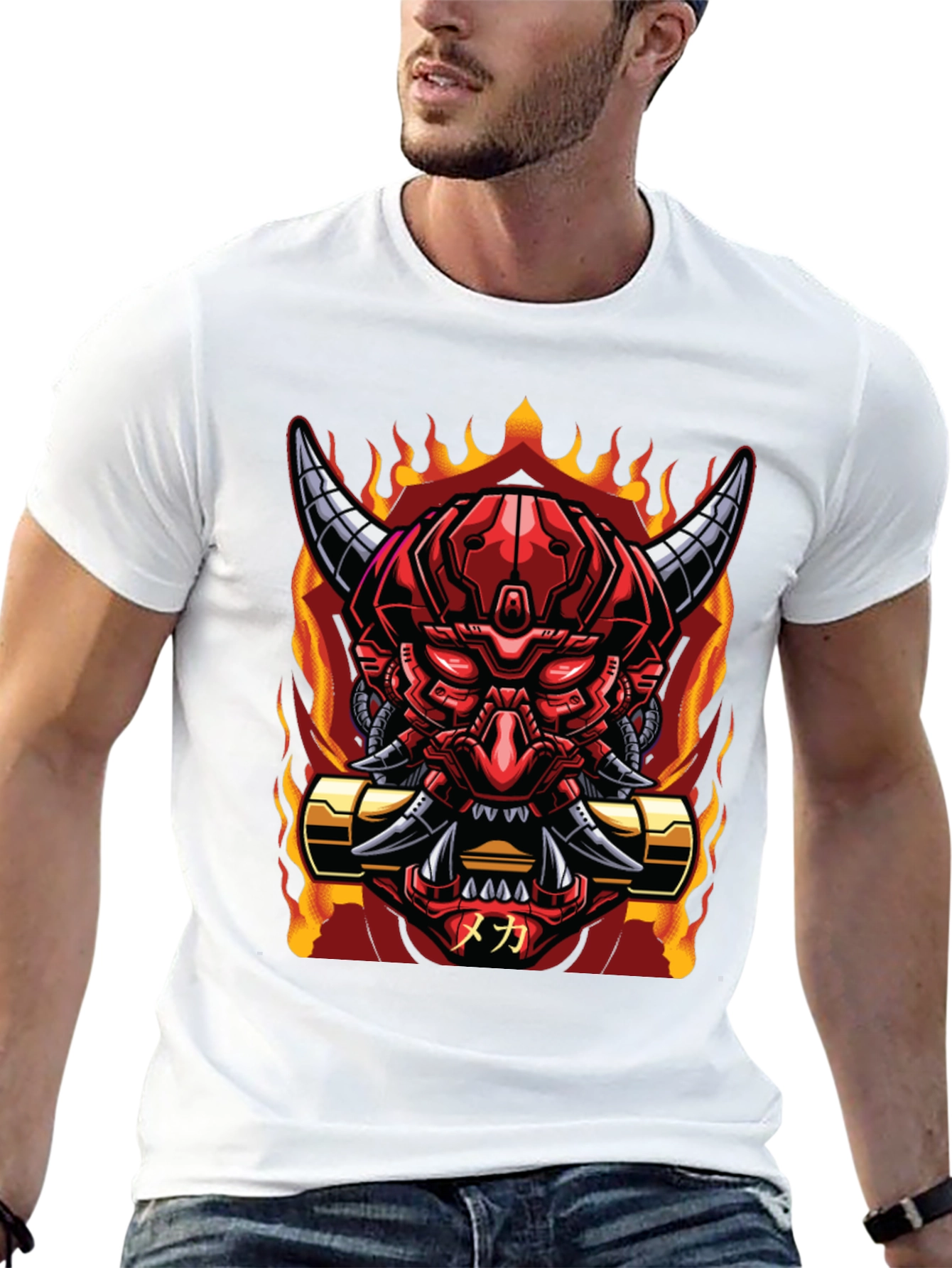 Cyberpunk Oni Demon T-Shirt - Fiery Mech Style