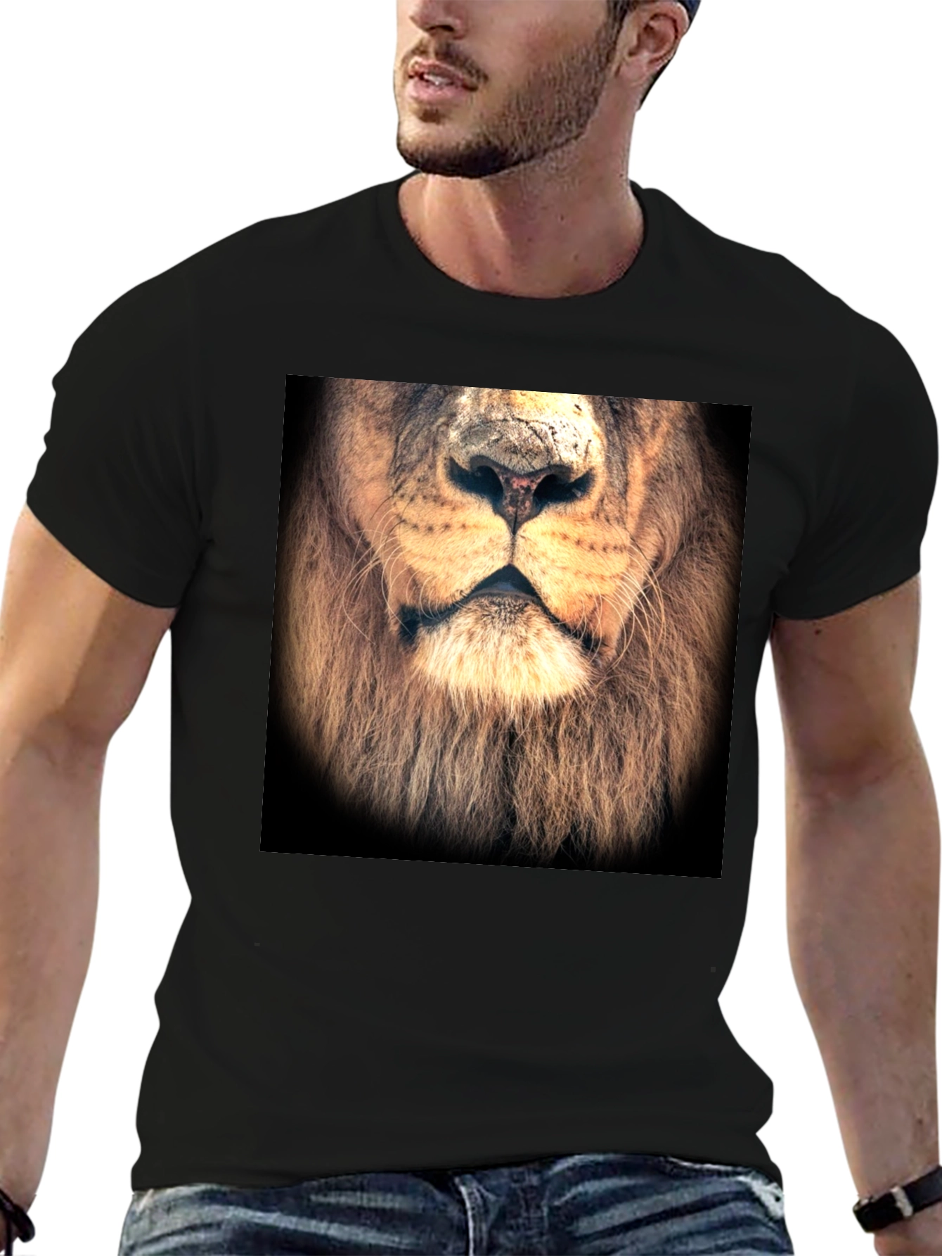 Lion Face Graphic Print Black T-Shirt