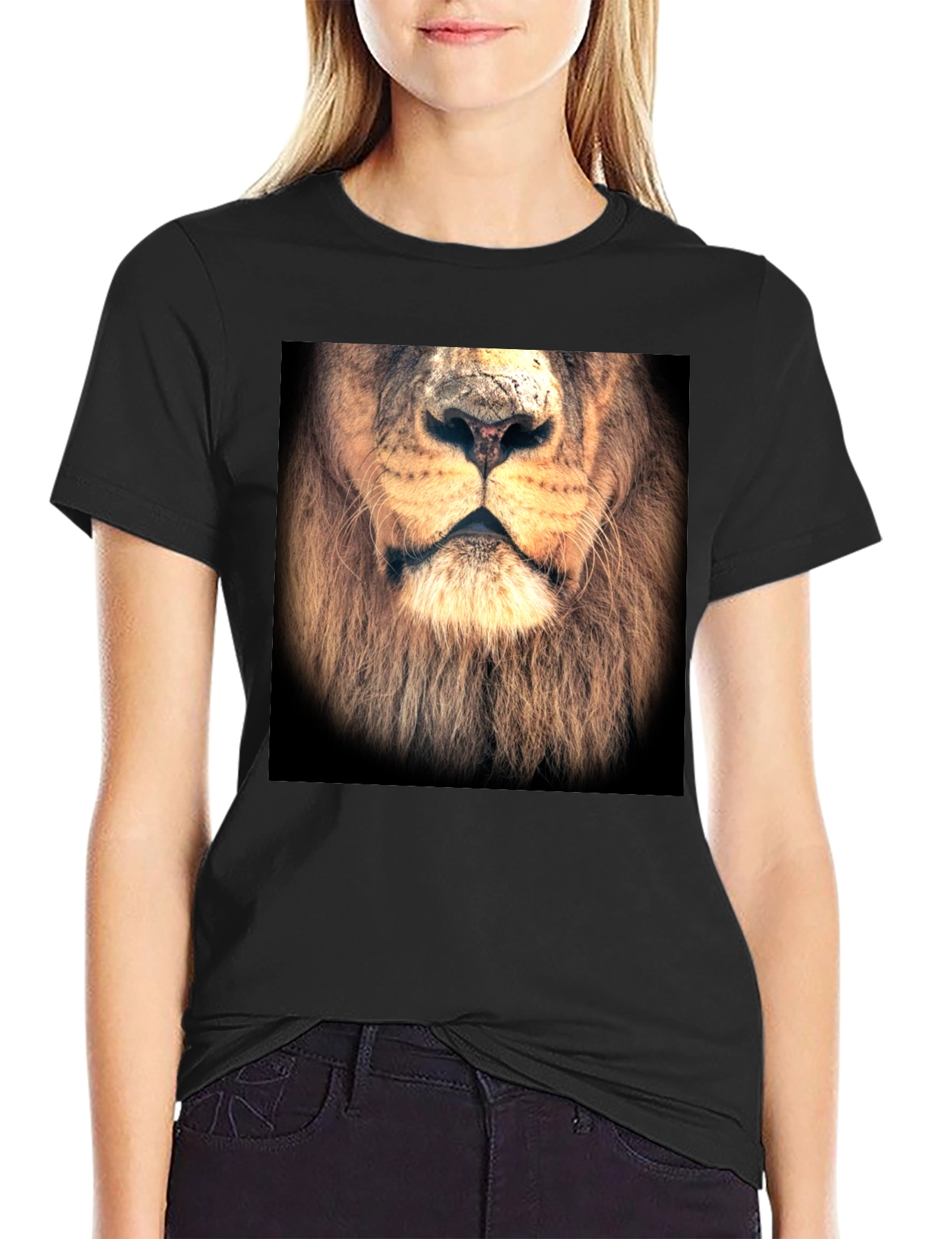 Lion Face Graphic Print Black T-Shirt