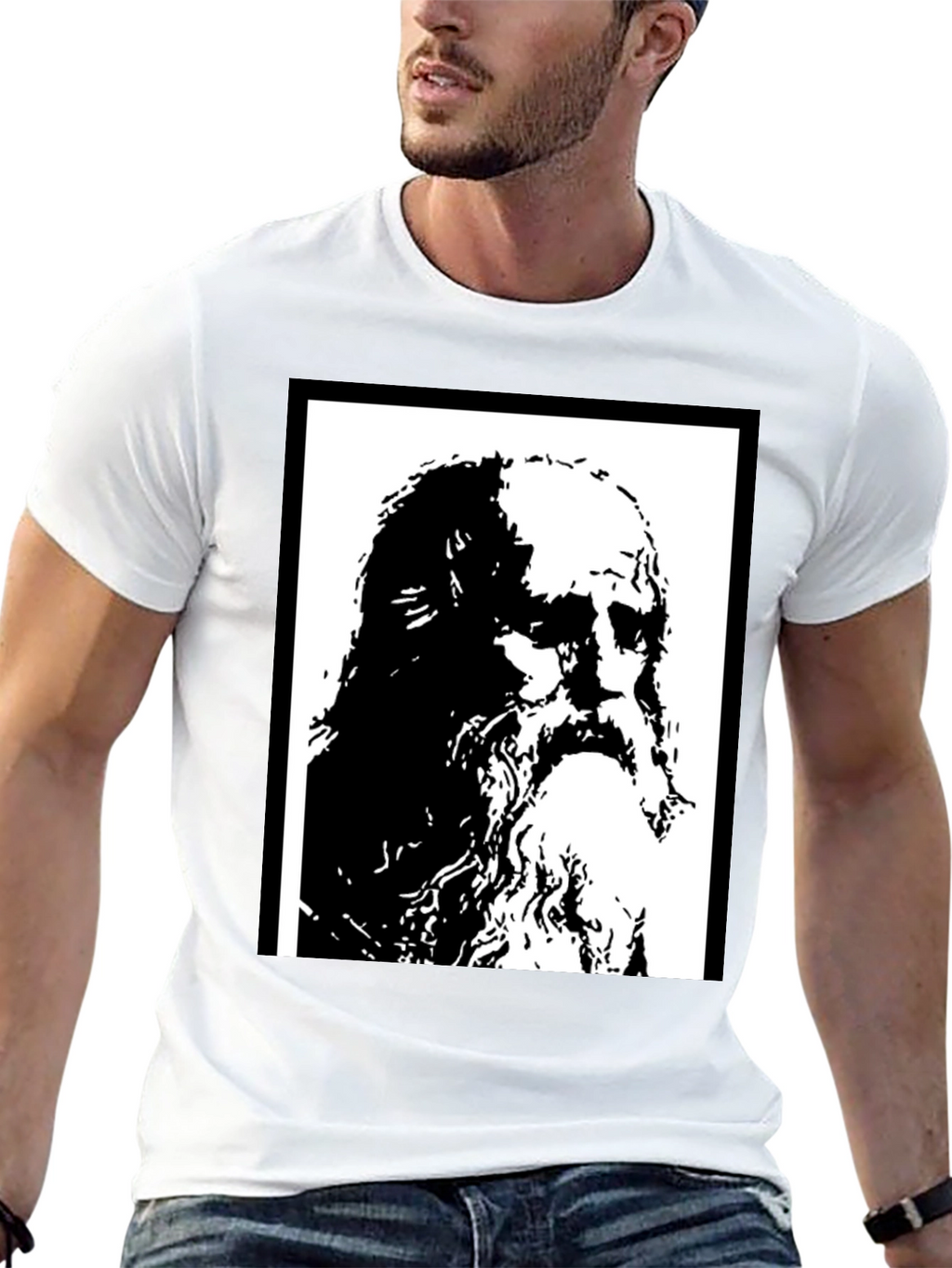 Black T-Shirt with Artistic Portrait Print