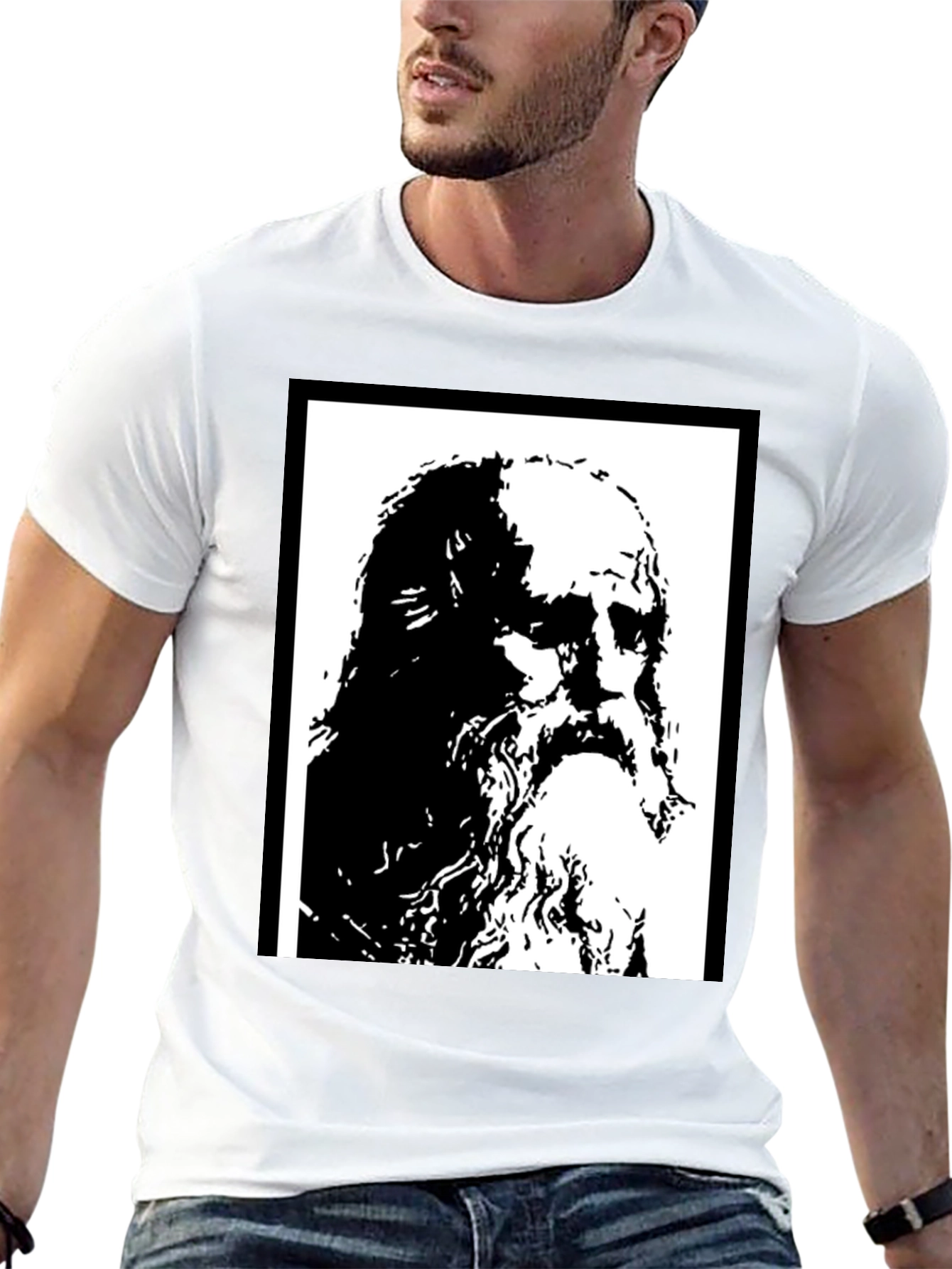 Black T-Shirt with Artistic Portrait Print