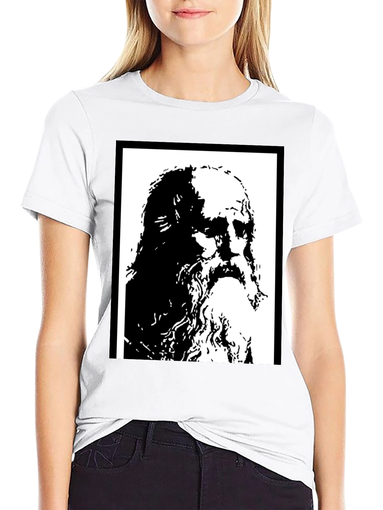 Black T-Shirt with Artistic Portrait Print