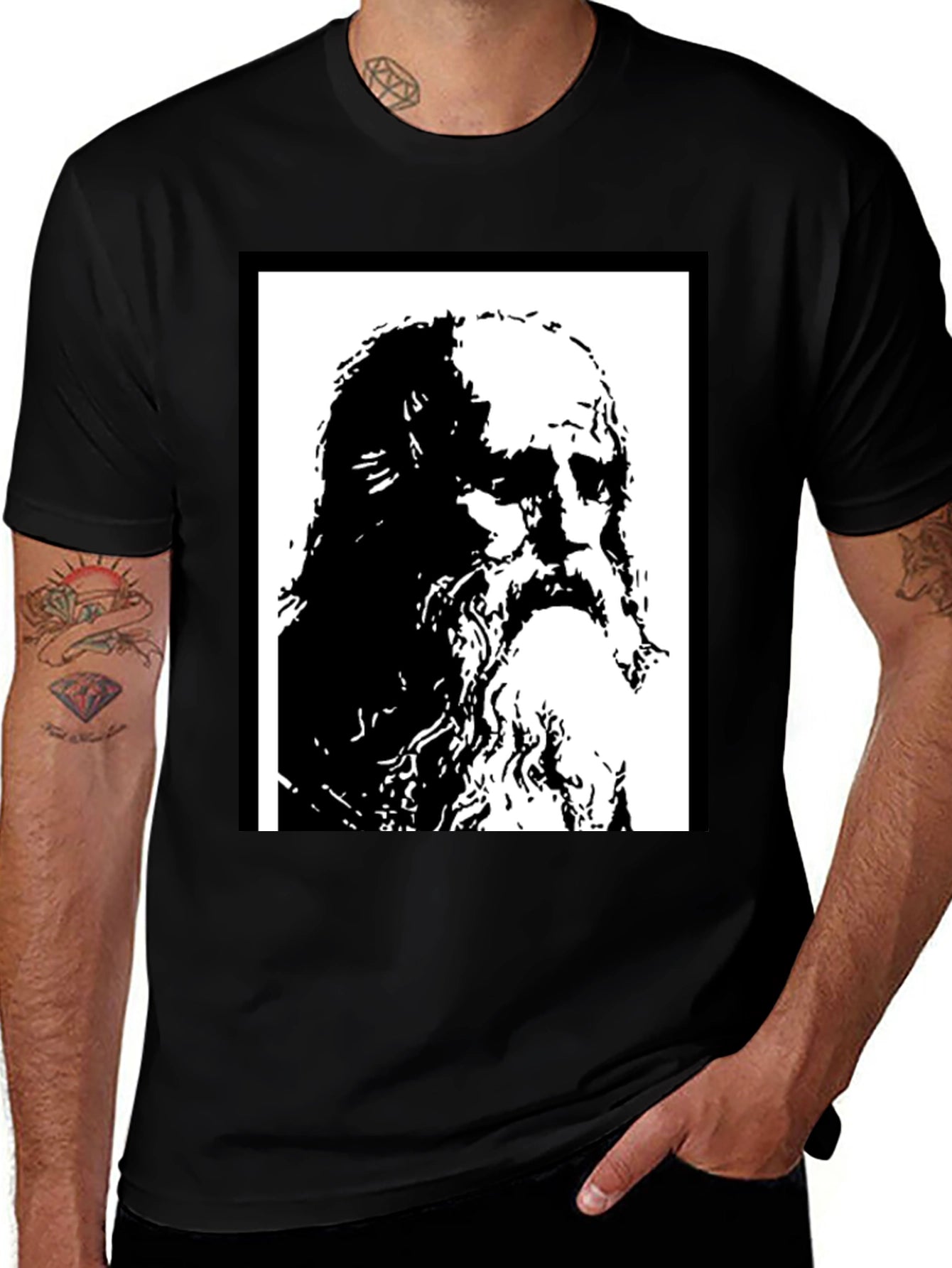 Black T-Shirt with Artistic Portrait Print