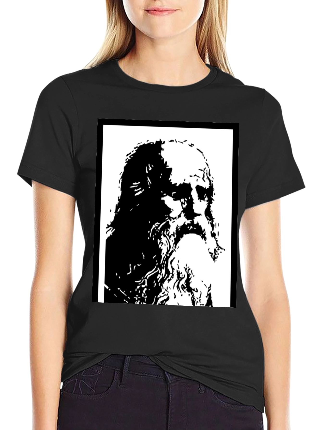 Black T-Shirt with Artistic Portrait Print