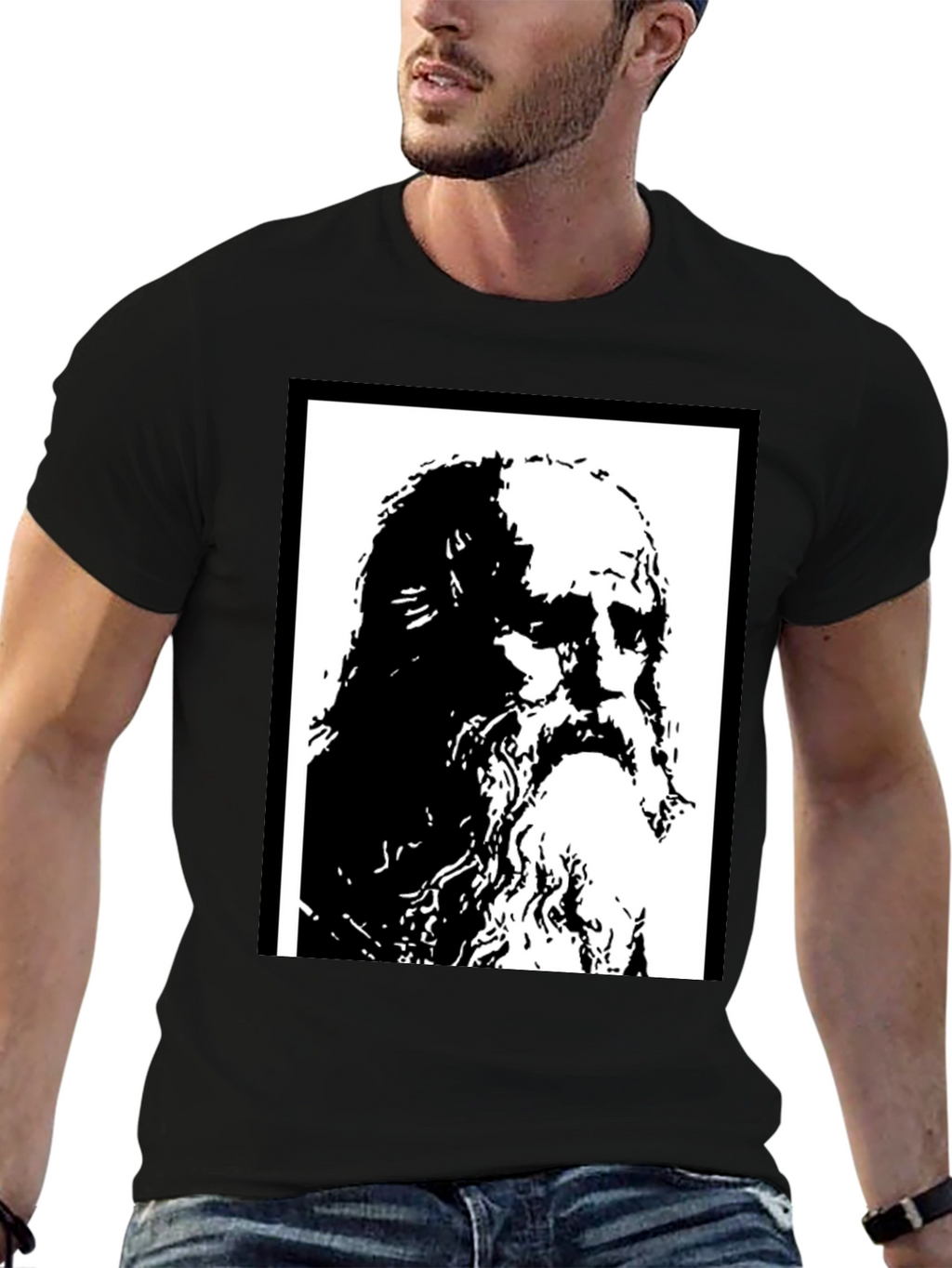 Black T-Shirt with Artistic Portrait Print