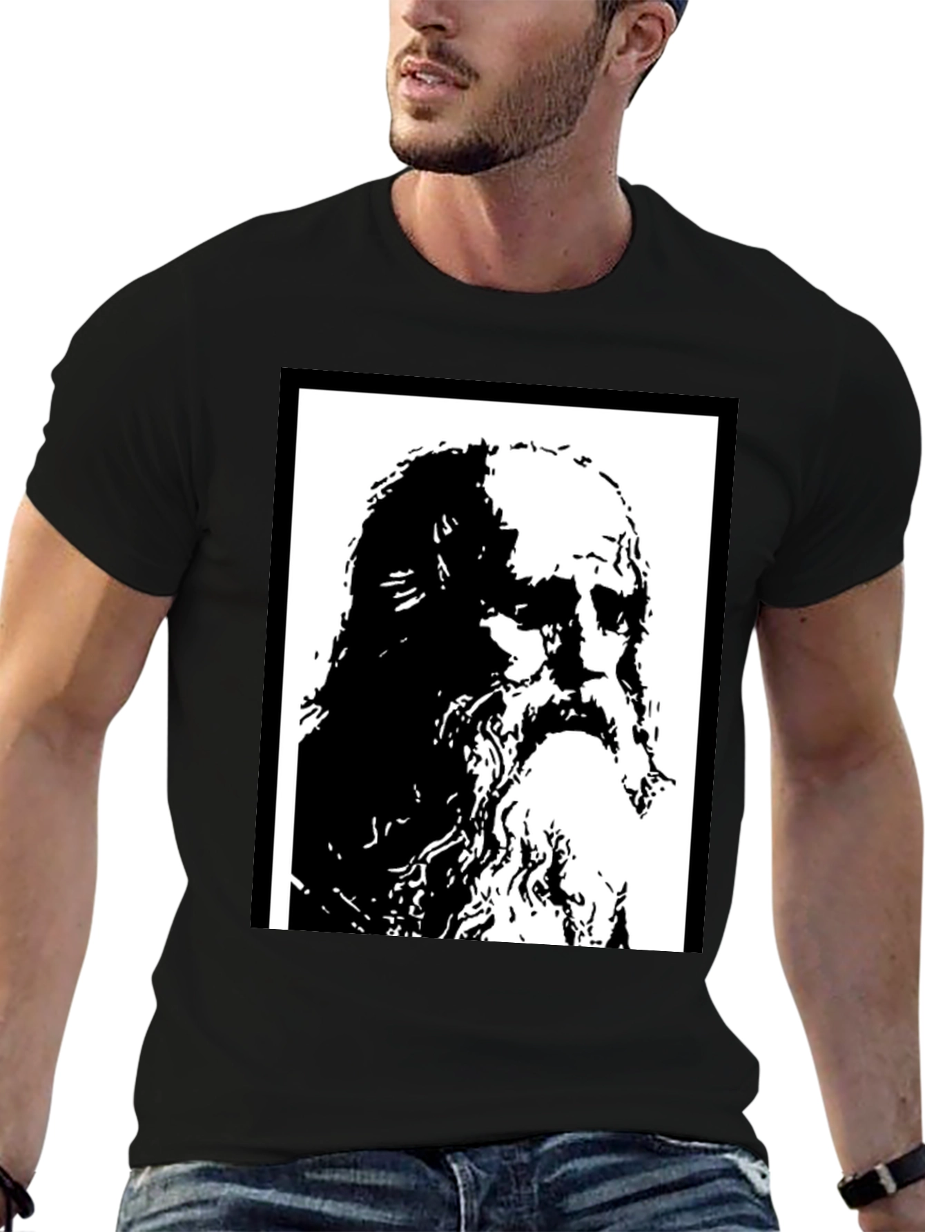 Black T-Shirt with Artistic Portrait Print