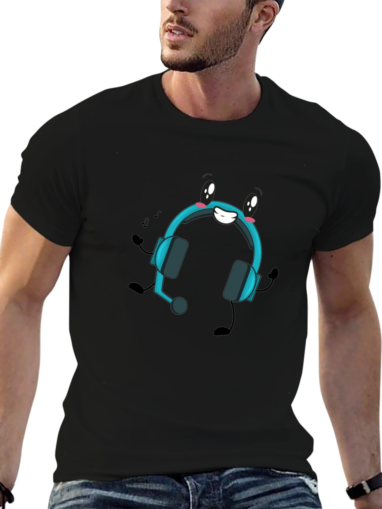 Cartoon Headphone Black T-Shirt