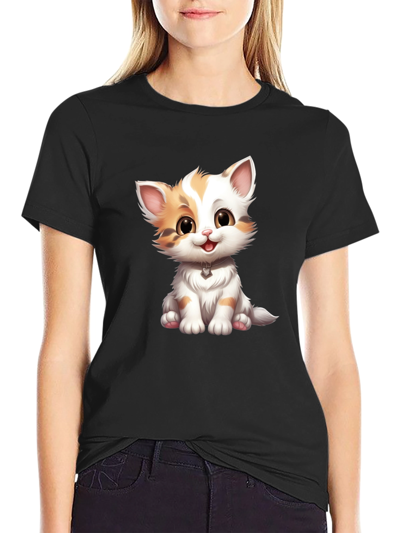 Cute Kitten Graphic Tee - Soft Black T-Shirt