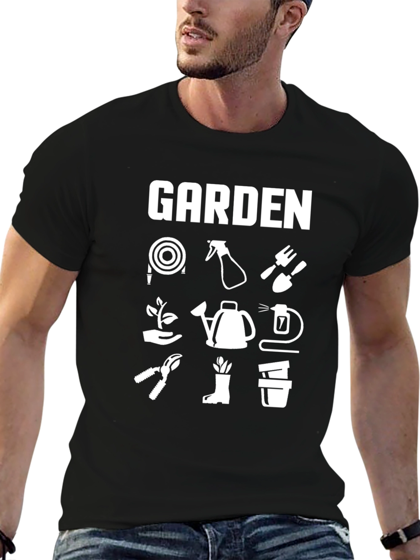 Gardening Tool T-Shirt - Black Cotton Casual Wear