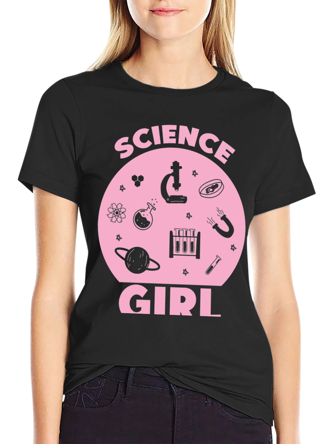 Science Girl Graphic Tee - Pink Design on Black