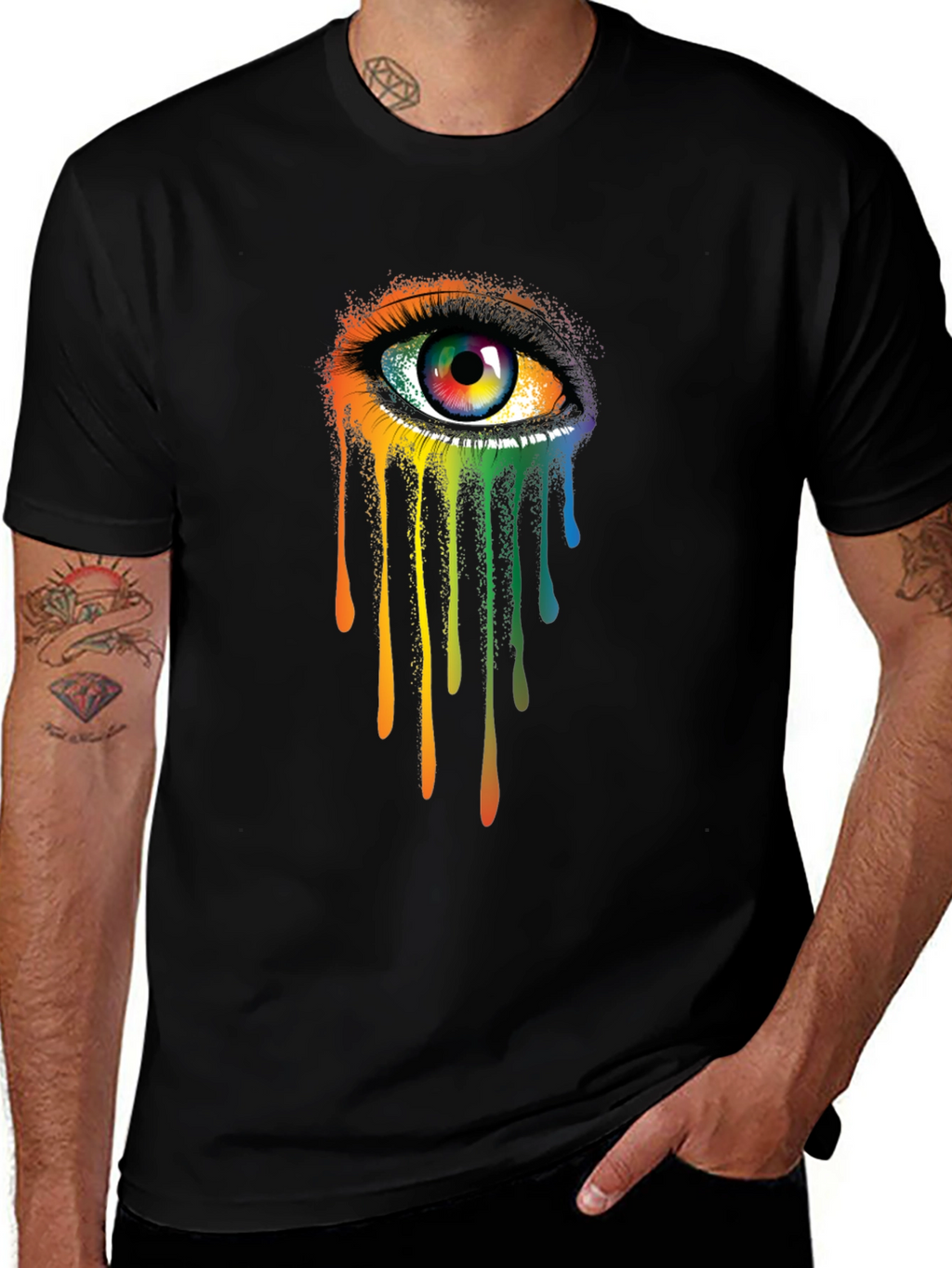 Rainbow Eye Graphic Tee - Artistic Mens Black T-Shirt