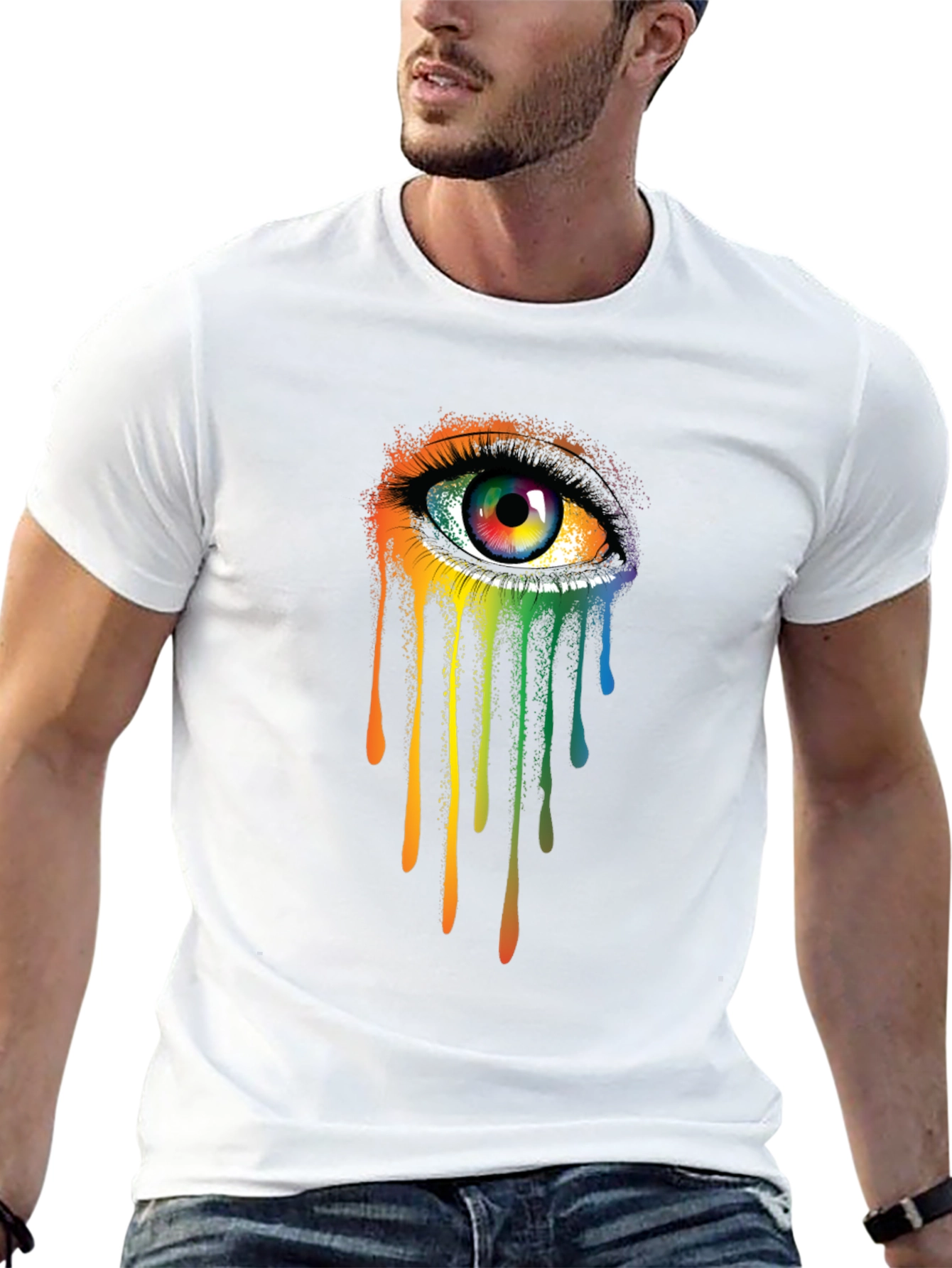 Rainbow Eye Graphic Tee - Artistic Mens Black T-Shirt