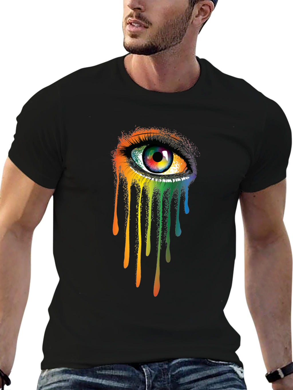 Rainbow Eye Graphic Tee - Artistic Mens Black T-Shirt