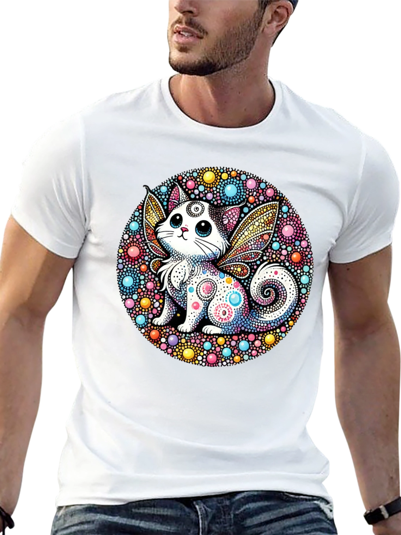Whimsical Cat Fairy Black T-Shirt