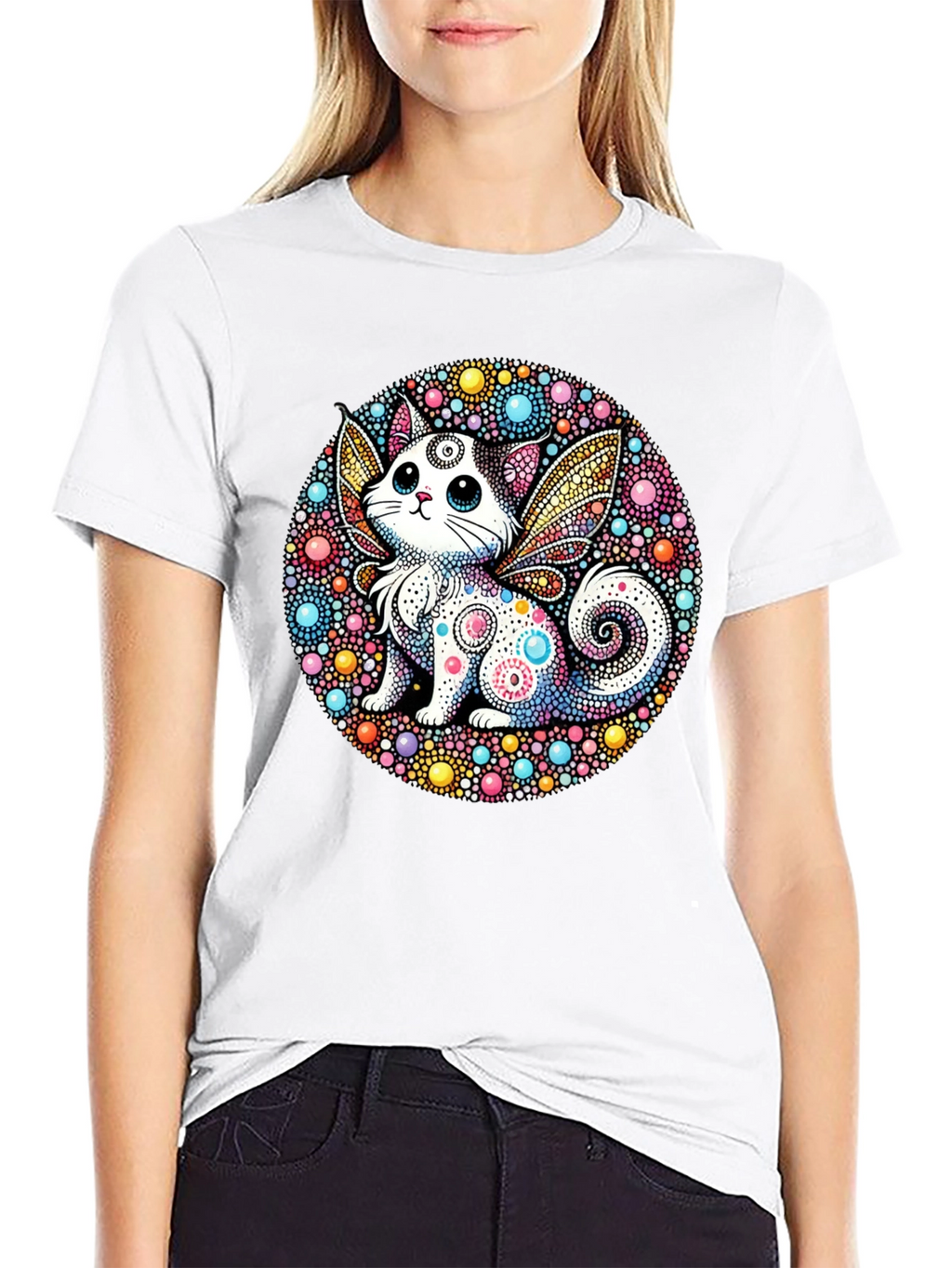 Whimsical Cat Fairy Black T-Shirt