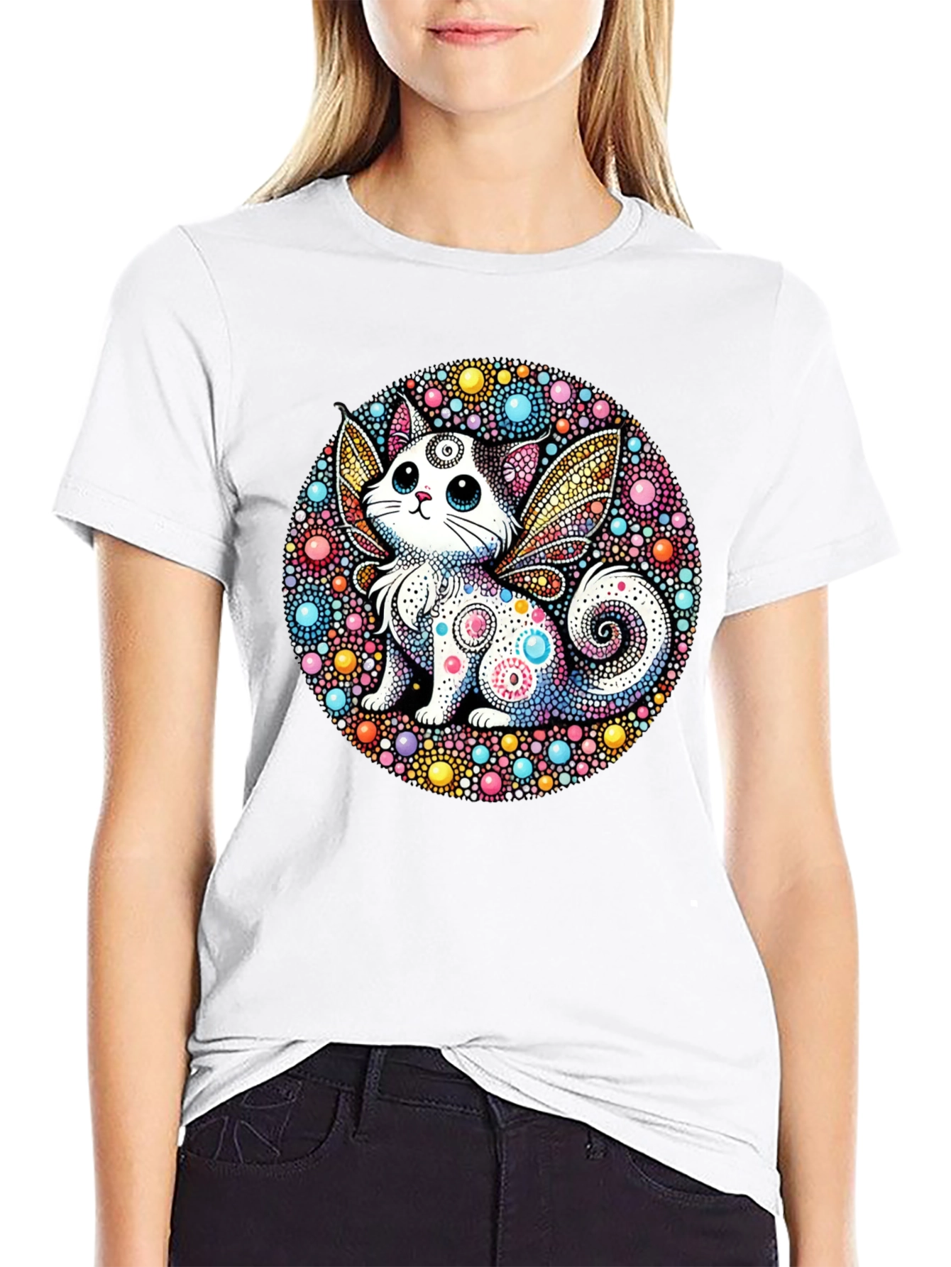 Whimsical Cat Fairy Black T-Shirt