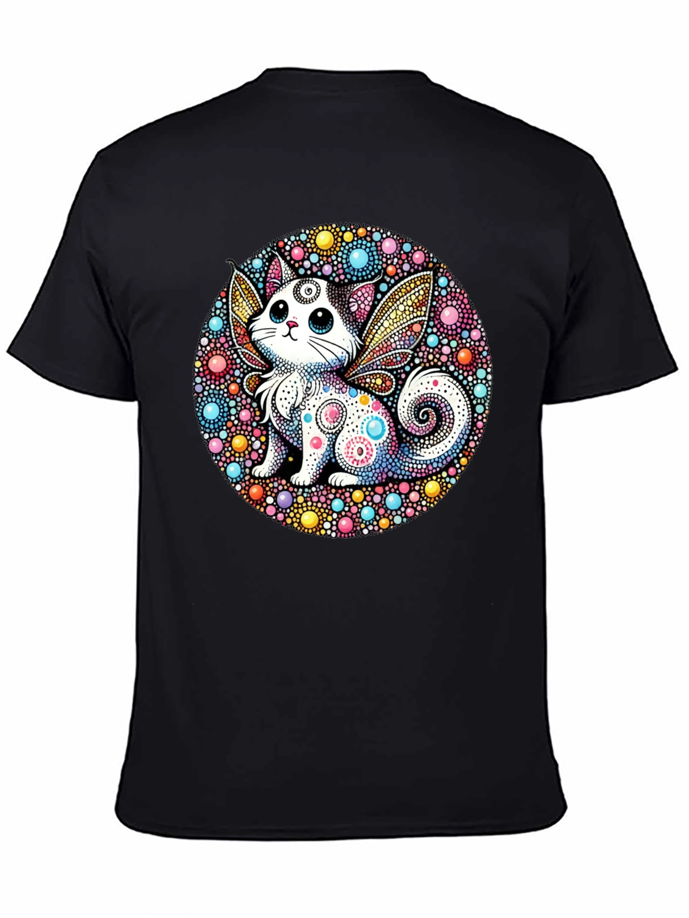 Whimsical Cat Fairy Black T-Shirt