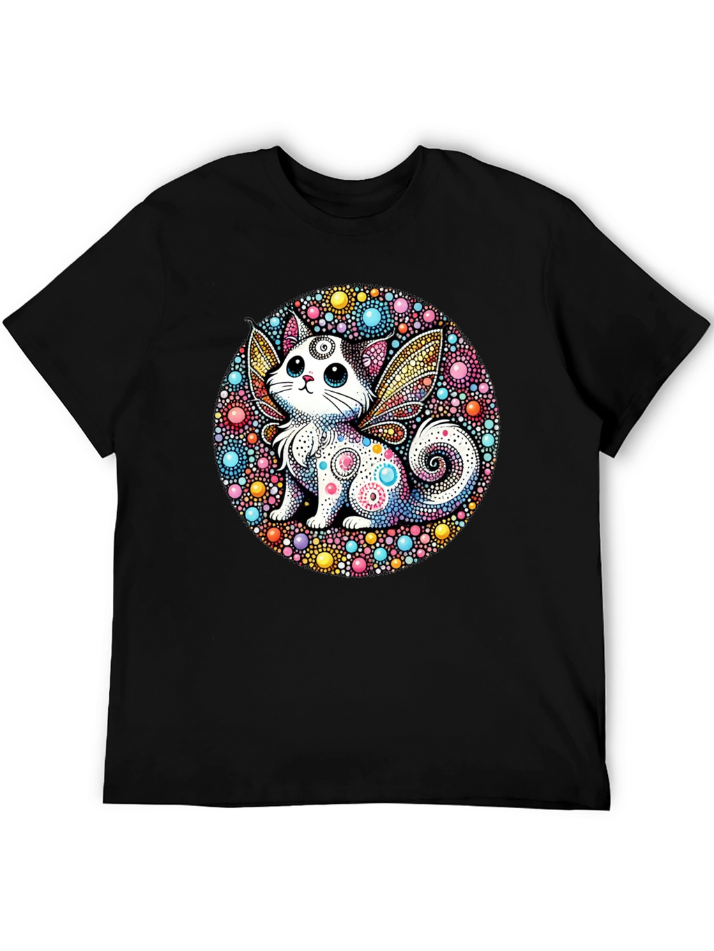 Whimsical Cat Fairy Black T-Shirt