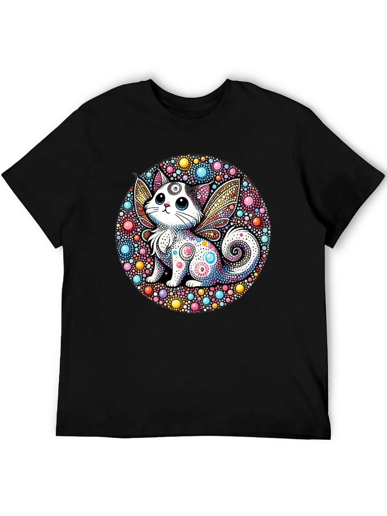 Whimsical Cat Fairy Black T-Shirt