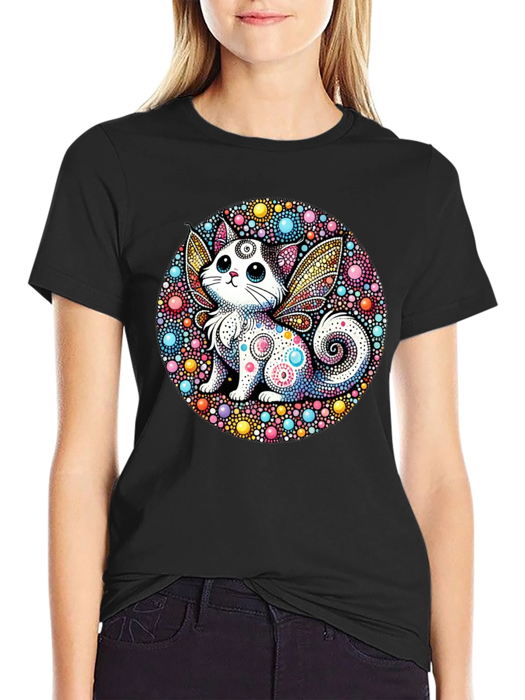 Whimsical Cat Fairy Black T-Shirt