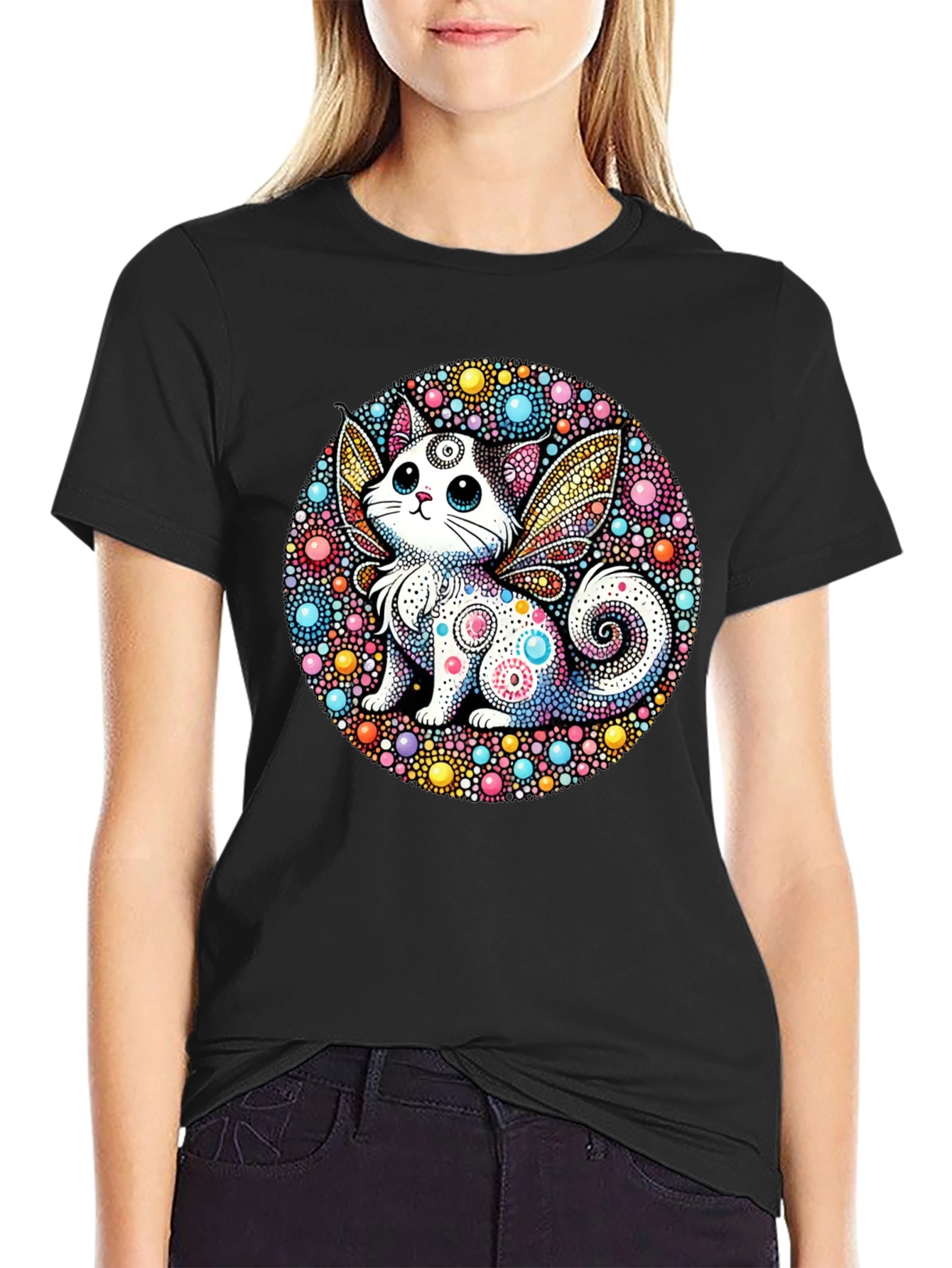 Whimsical Cat Fairy Black T-Shirt