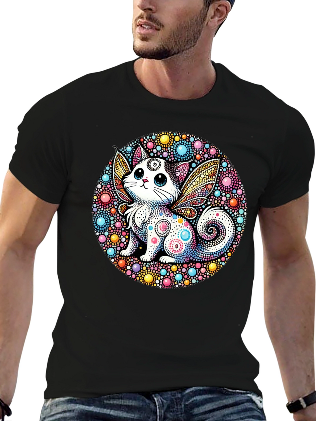 Whimsical Cat Fairy Black T-Shirt