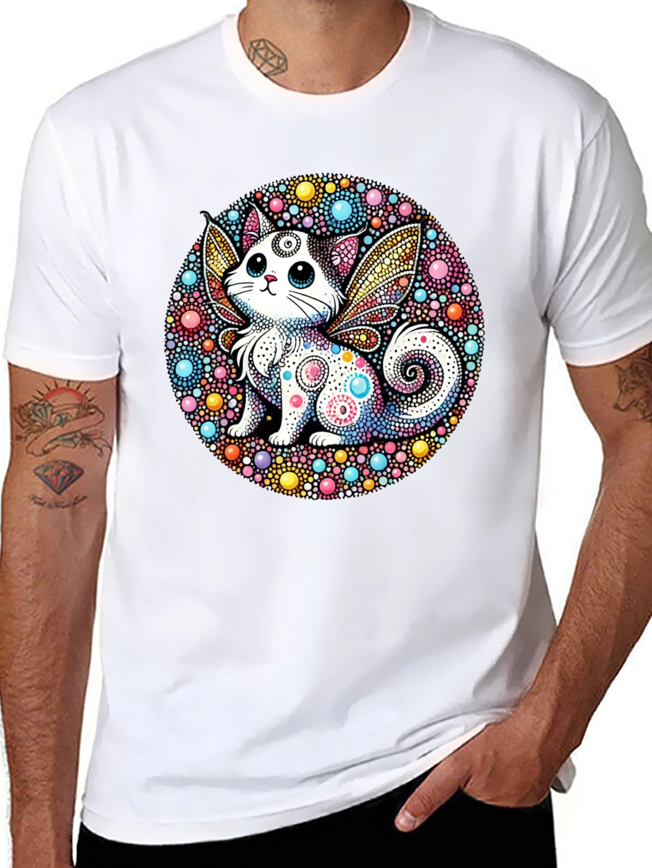 Whimsical Cat Fairy Black T-Shirt