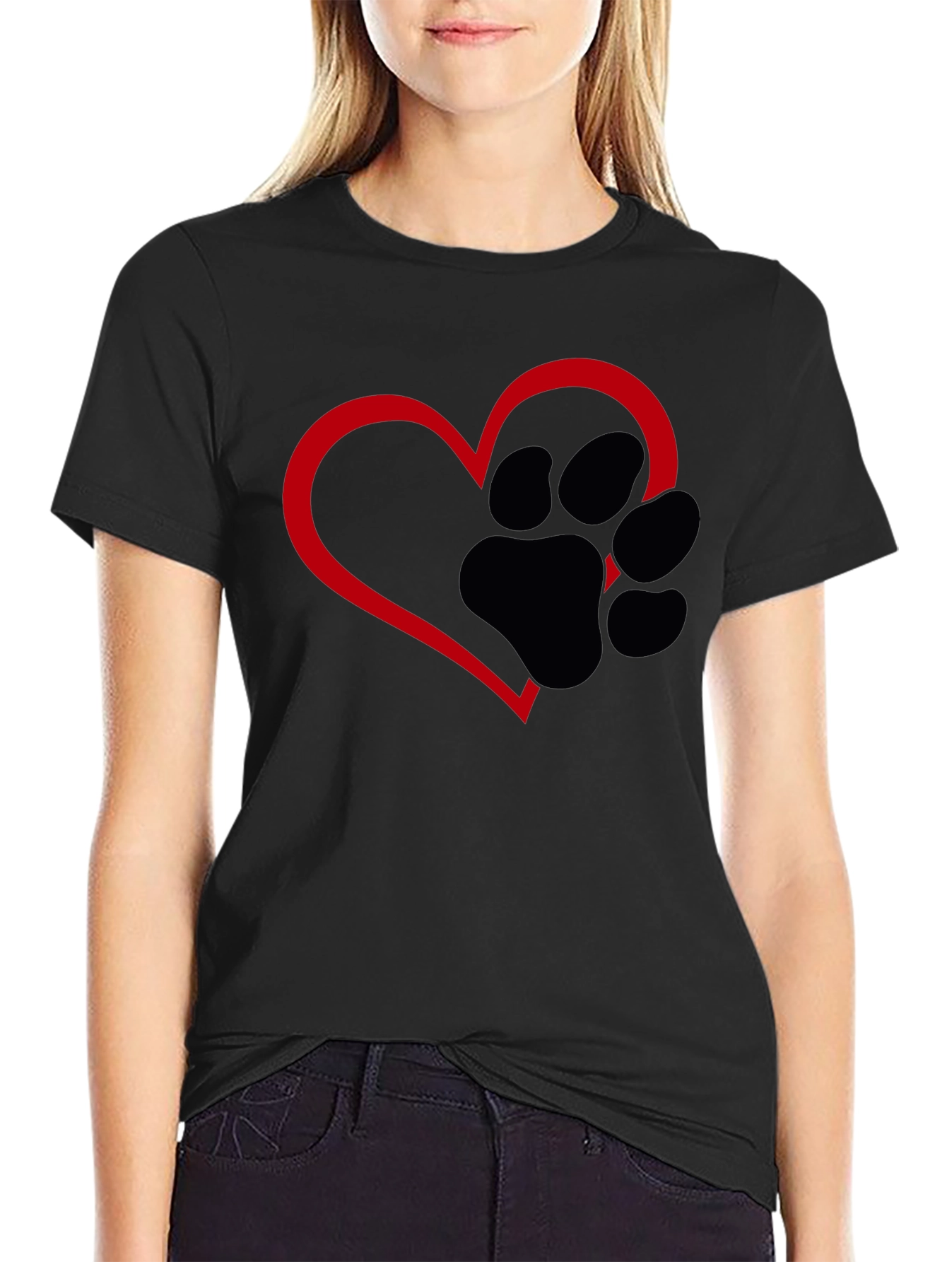 Paw Print Heart T-Shirt - Black
