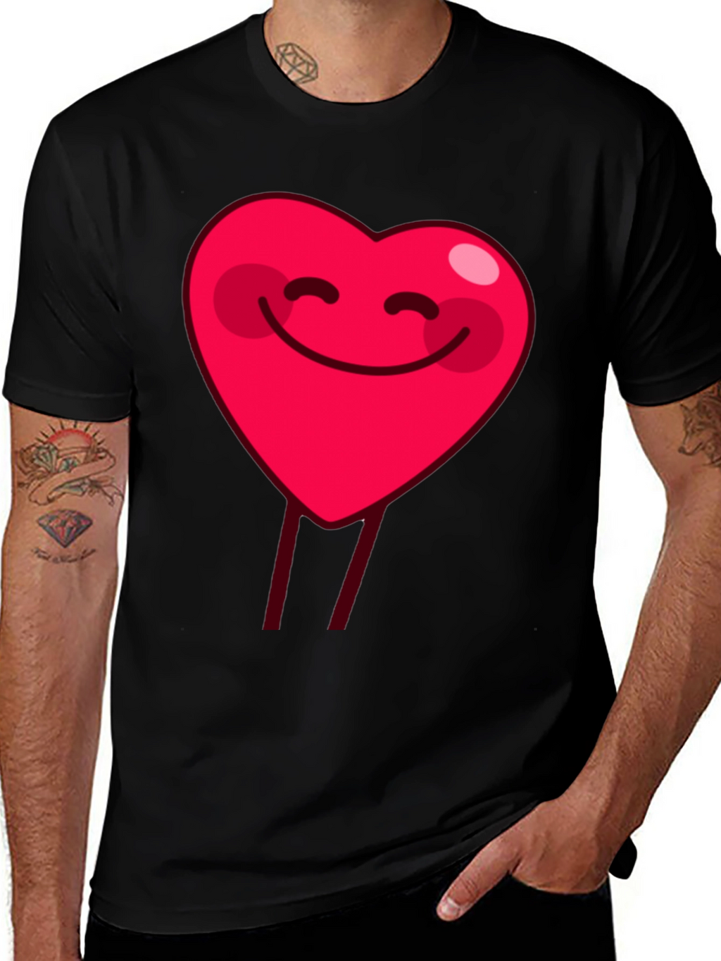 Smiling Heart Graphic Tee - Black Cotton Casual Shirt