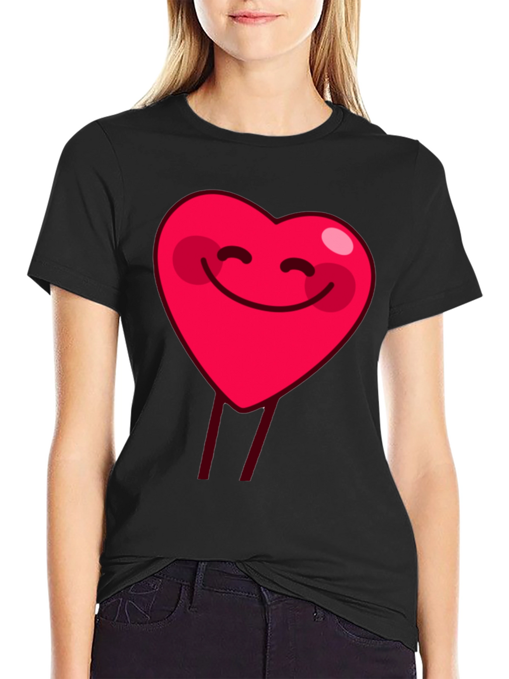 Smiling Heart Graphic Tee - Black Cotton Casual Shirt