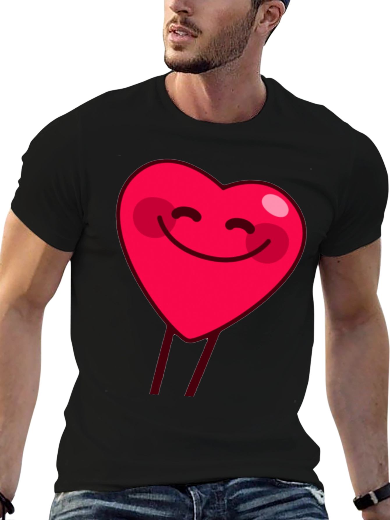 Smiling Heart Graphic Tee - Black Cotton Casual Shirt