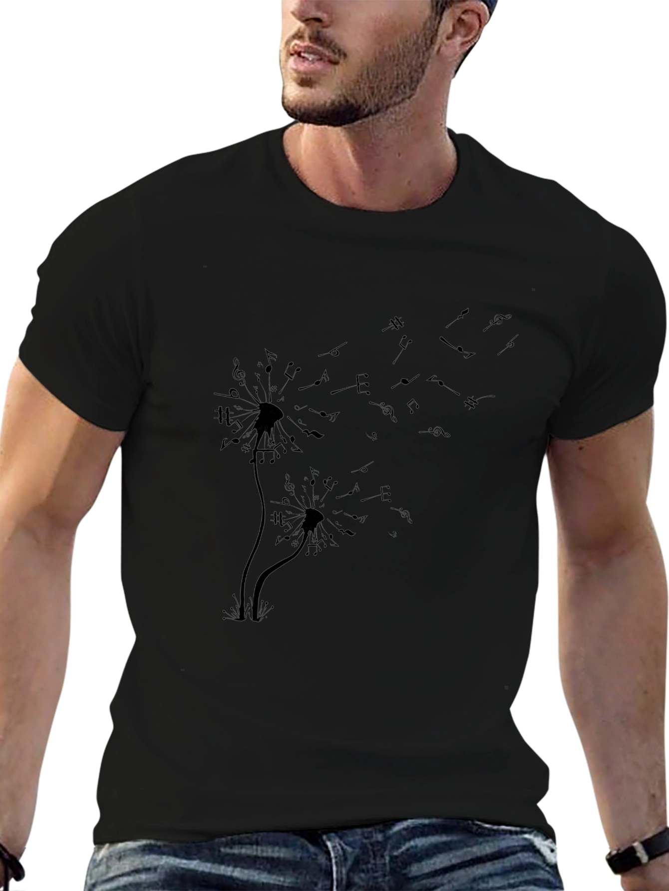 Musical Dandelion Print Black T-Shirt