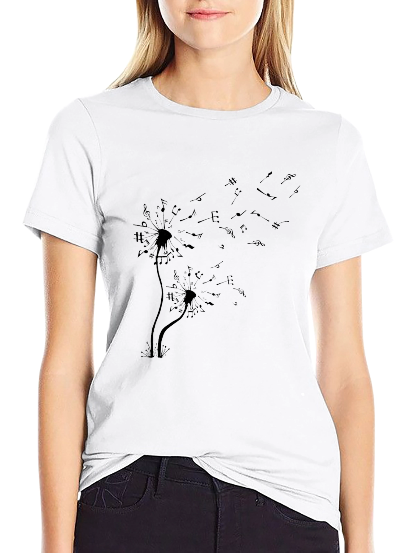Musical Dandelion Print Black T-Shirt