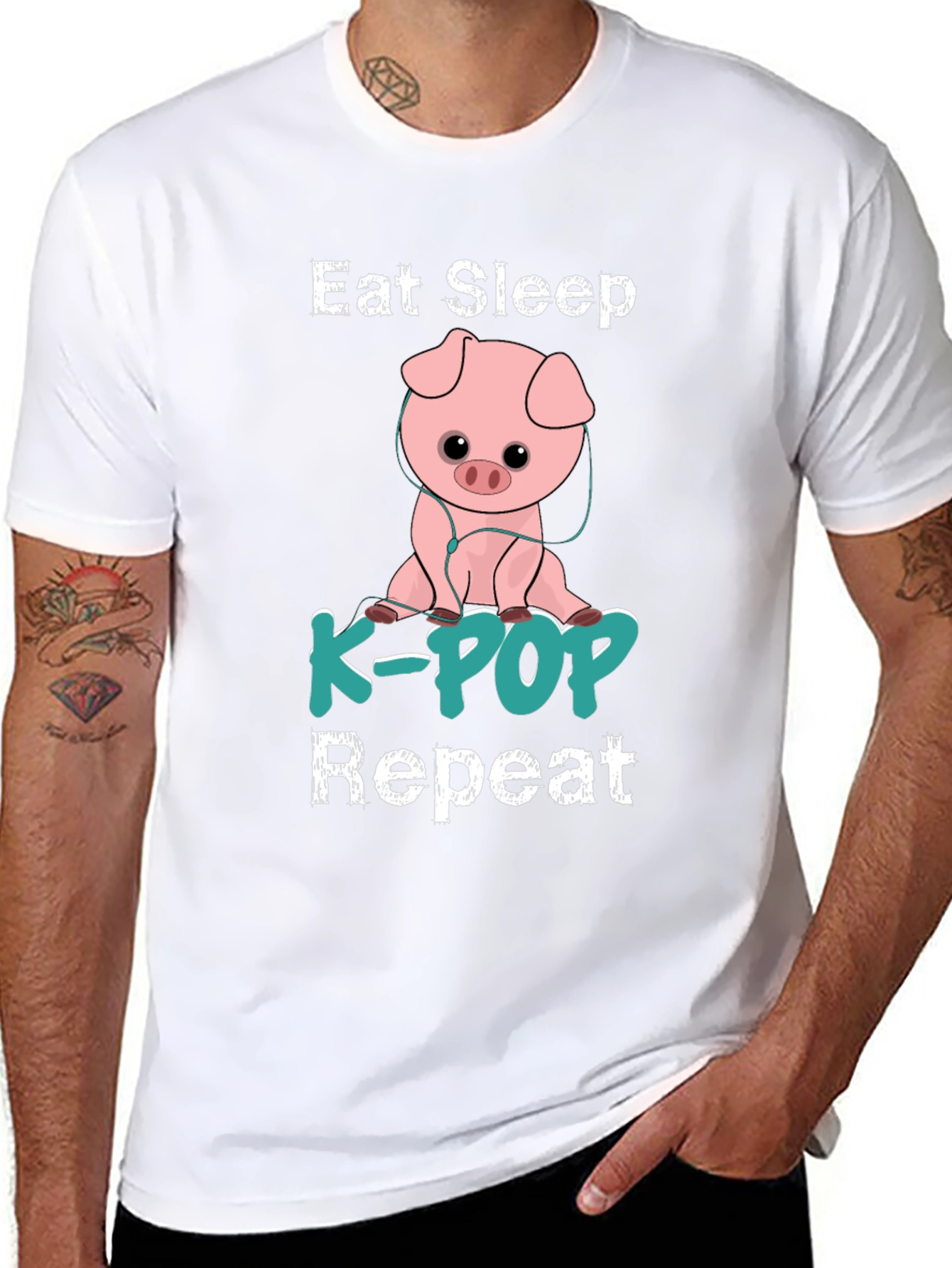 Eat Sleep K-Pop Repeat Pig Graphic T-Shirt