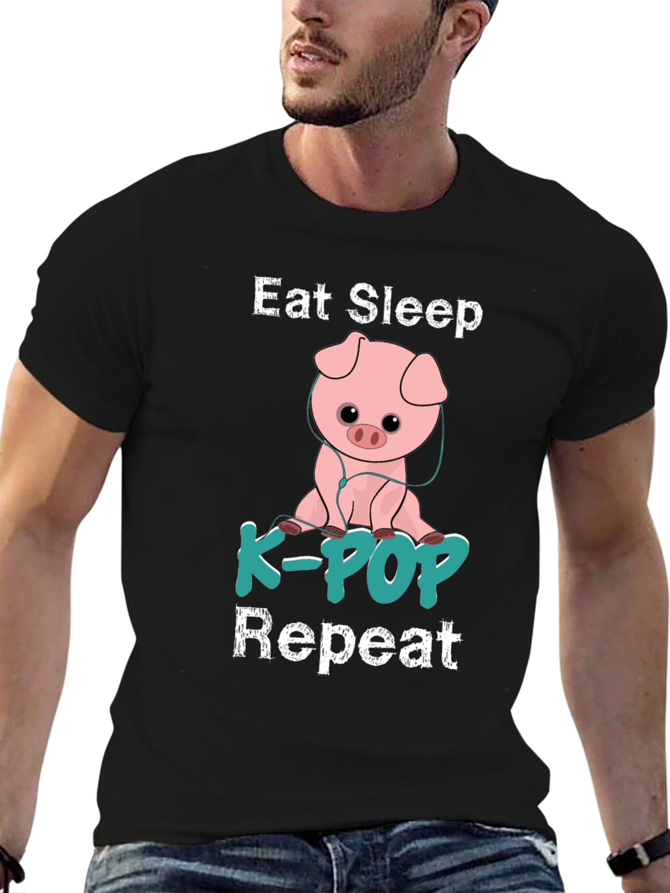 Eat Sleep K-Pop Repeat Pig Graphic T-Shirt