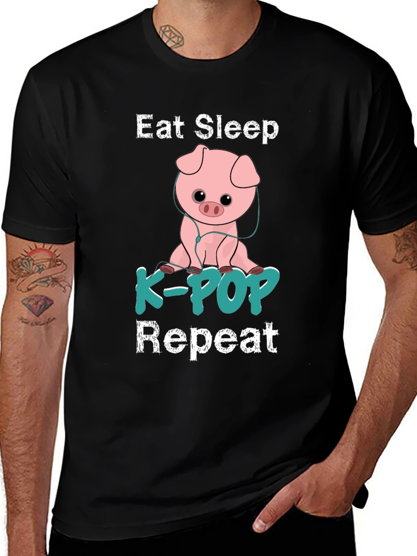Eat Sleep K-Pop Repeat Pig Graphic T-Shirt