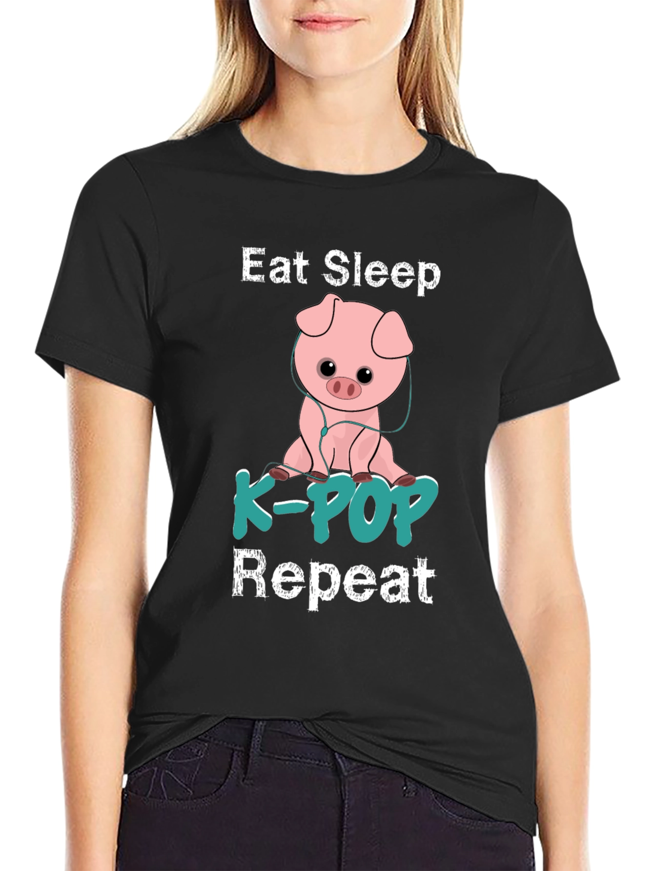 Eat Sleep K-Pop Repeat Pig Graphic T-Shirt
