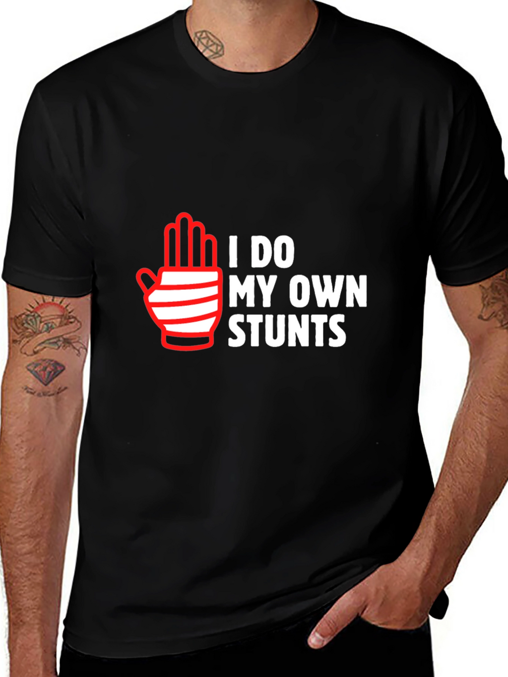 I Do My Own Stunts Black Graphic T-Shirt