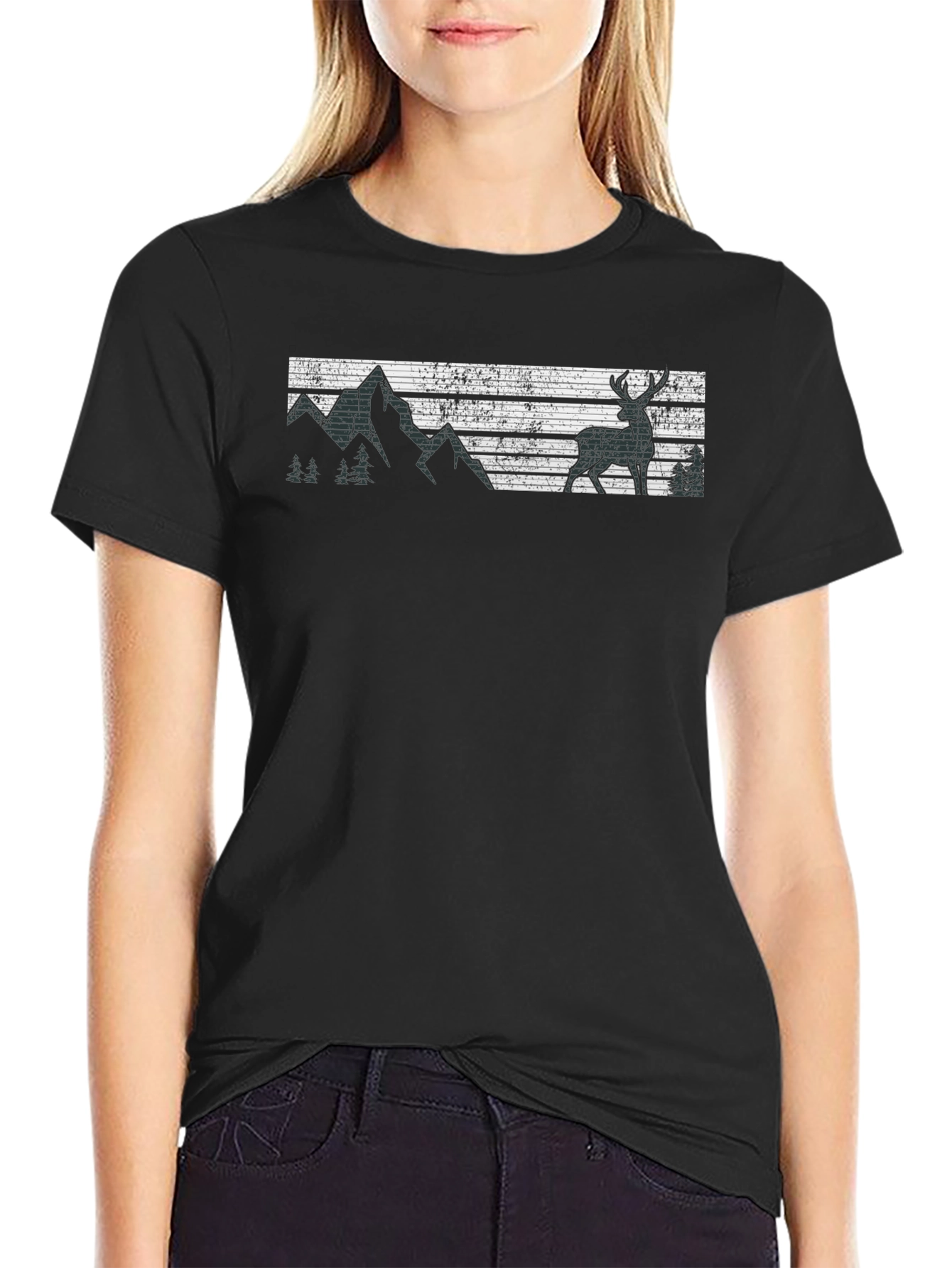 Retro Deer & Mountain Graphic Black T-Shirt