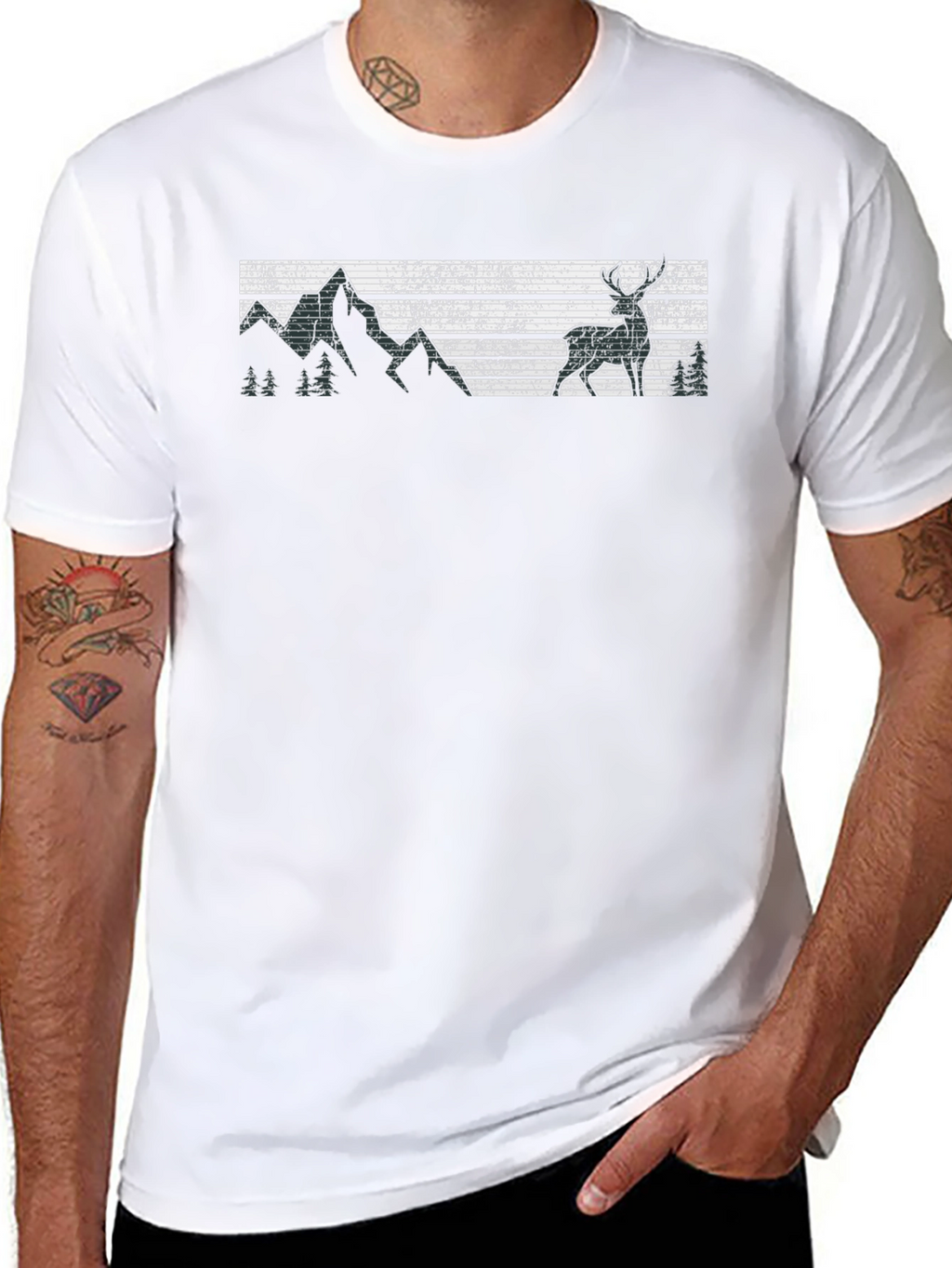 Retro Deer & Mountain Graphic Black T-Shirt