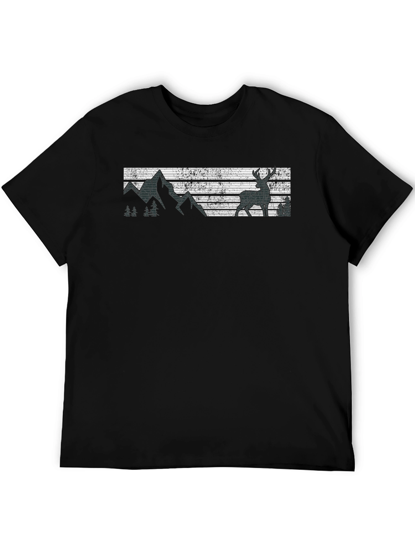 Retro Deer & Mountain Graphic Black T-Shirt