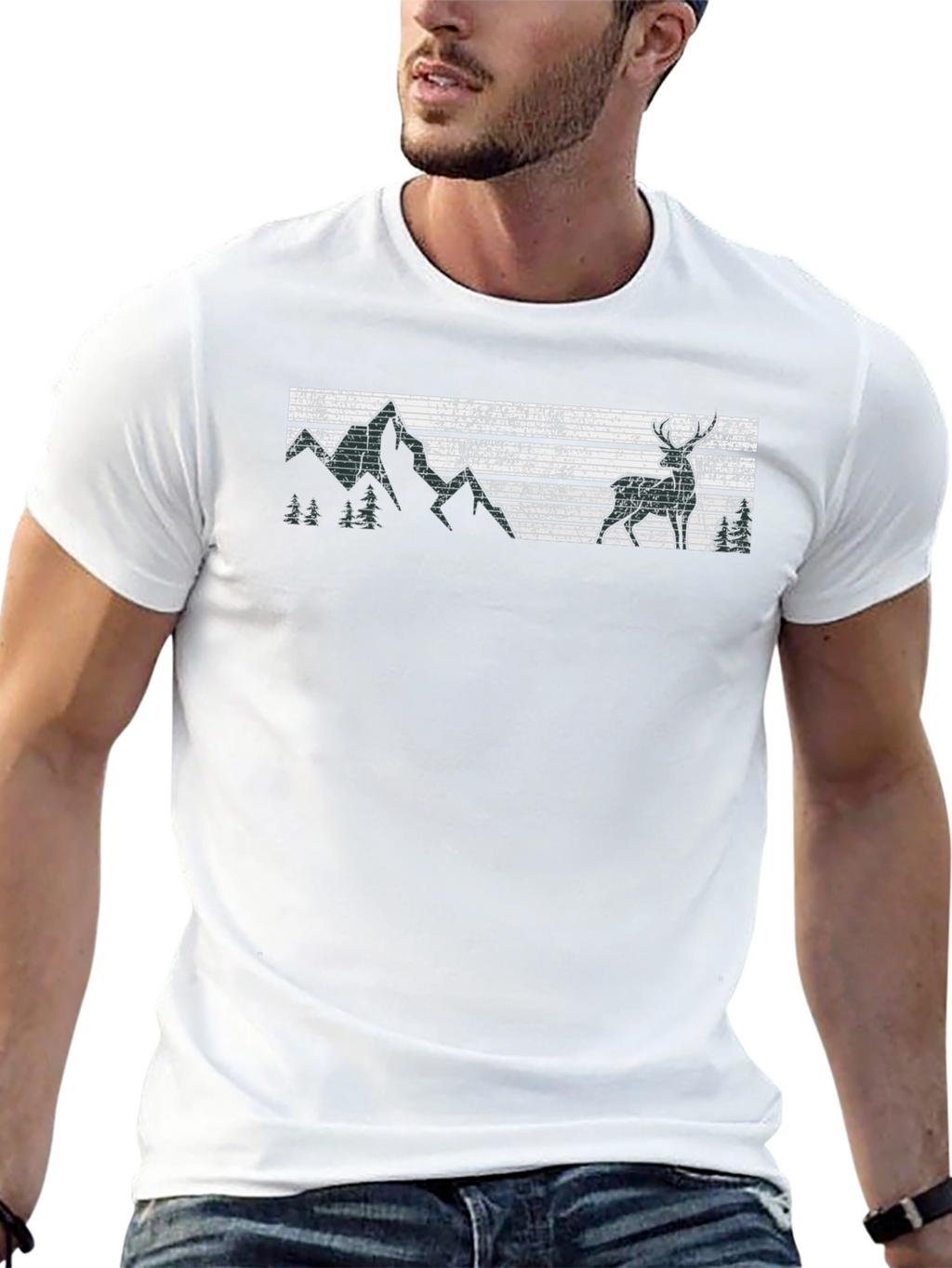 Retro Deer & Mountain Graphic Black T-Shirt