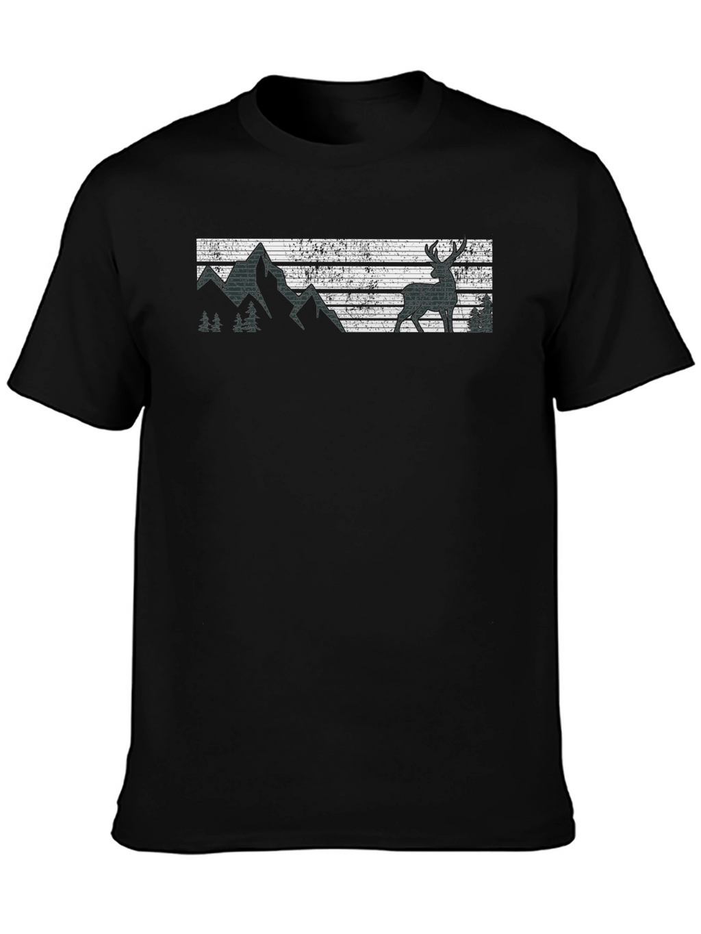 Retro Deer & Mountain Graphic Black T-Shirt