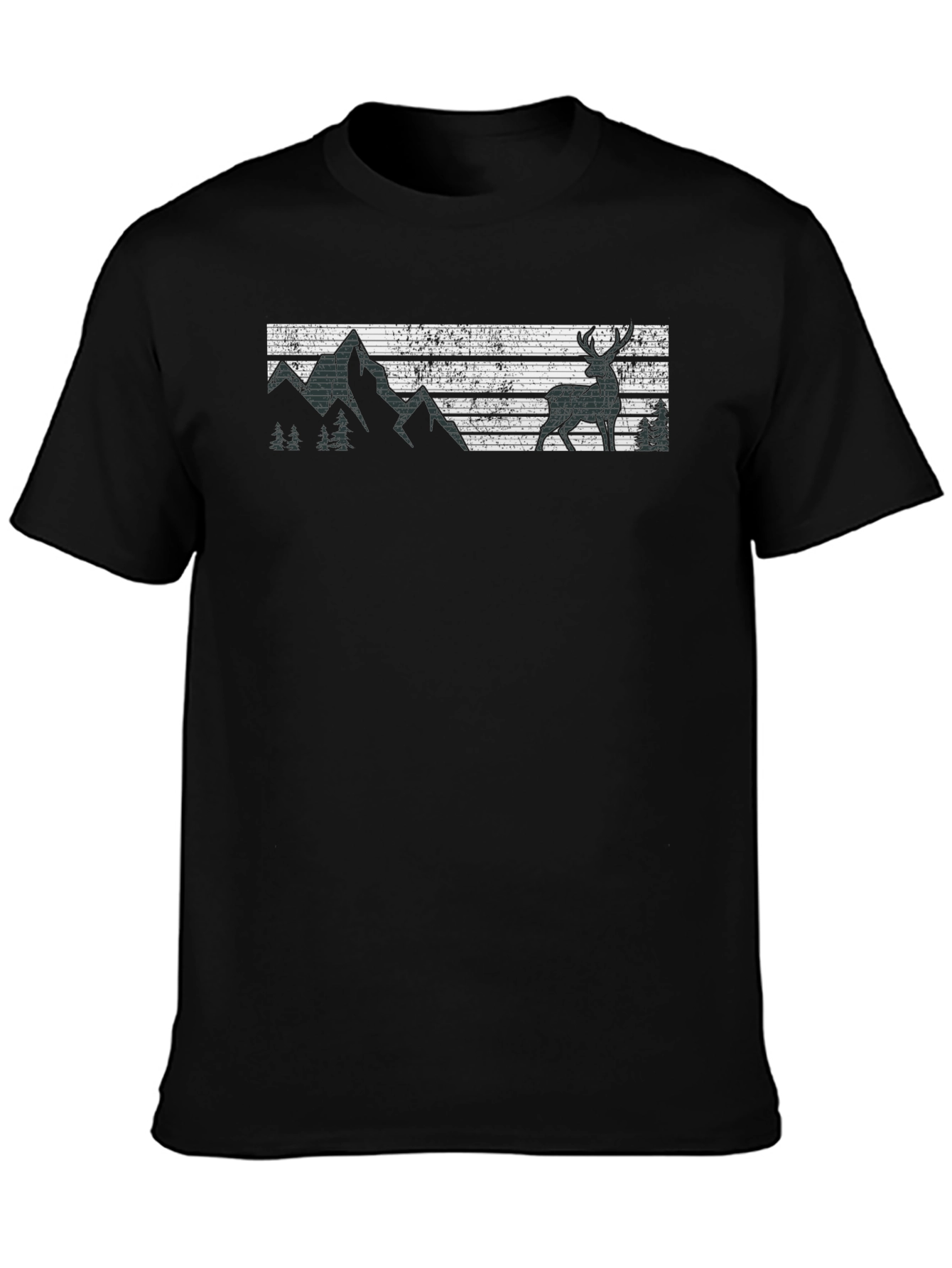 Retro Deer & Mountain Graphic Black T-Shirt