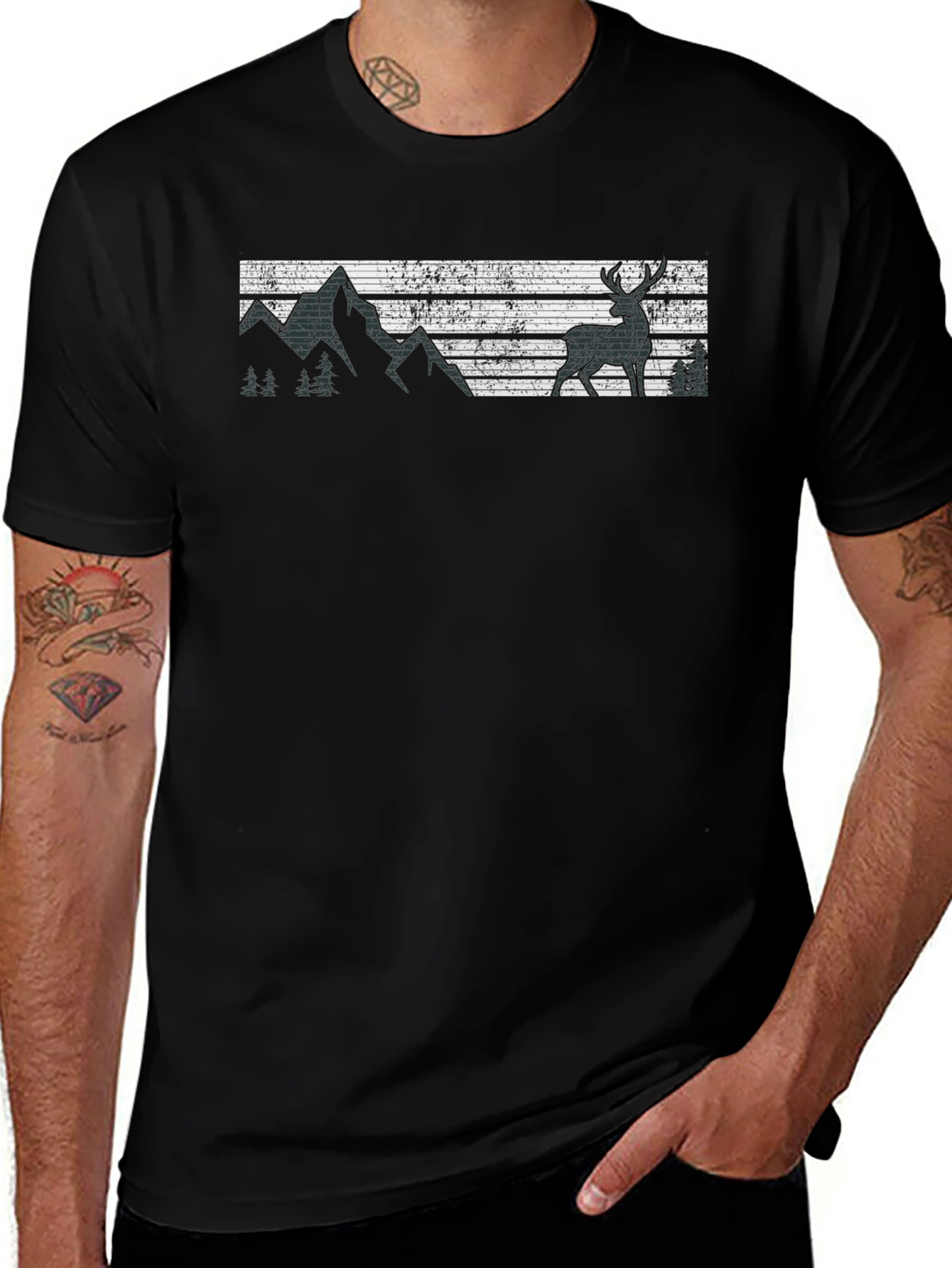Retro Deer & Mountain Graphic Black T-Shirt