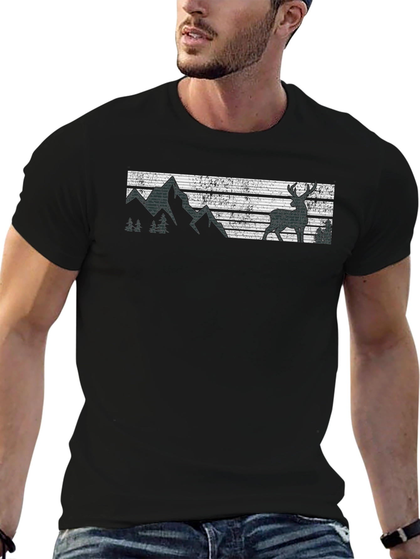 Retro Deer & Mountain Graphic Black T-Shirt