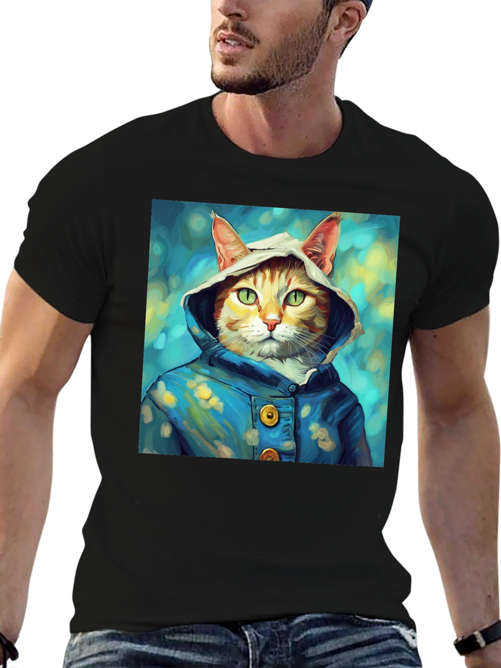 Cat in Hoodie T-Shirt - Artistic Portrait Tee