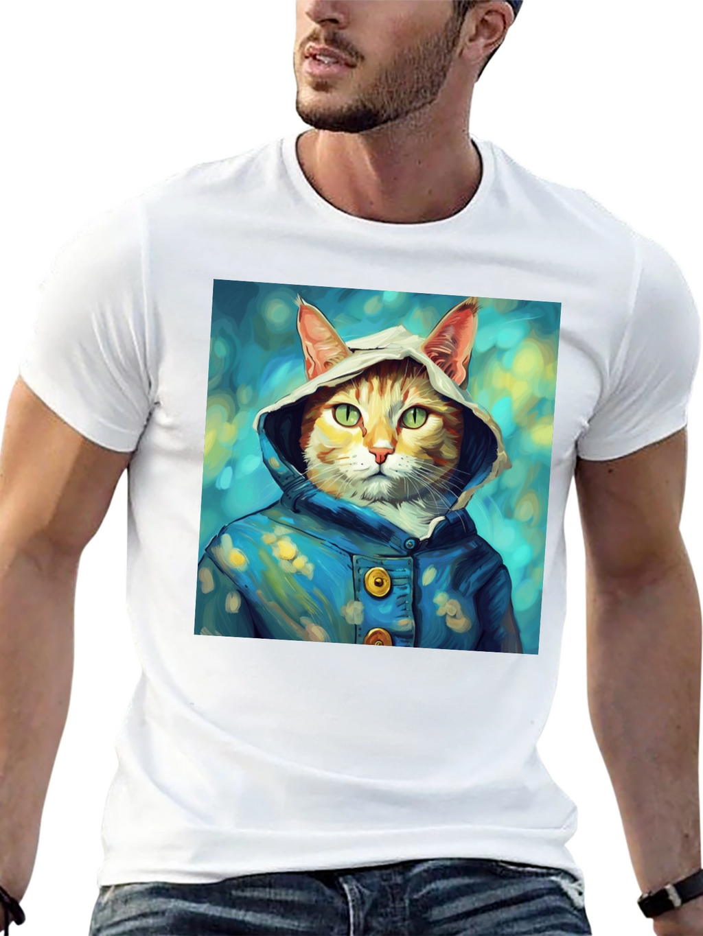 Cat in Hoodie T-Shirt - Artistic Portrait Tee